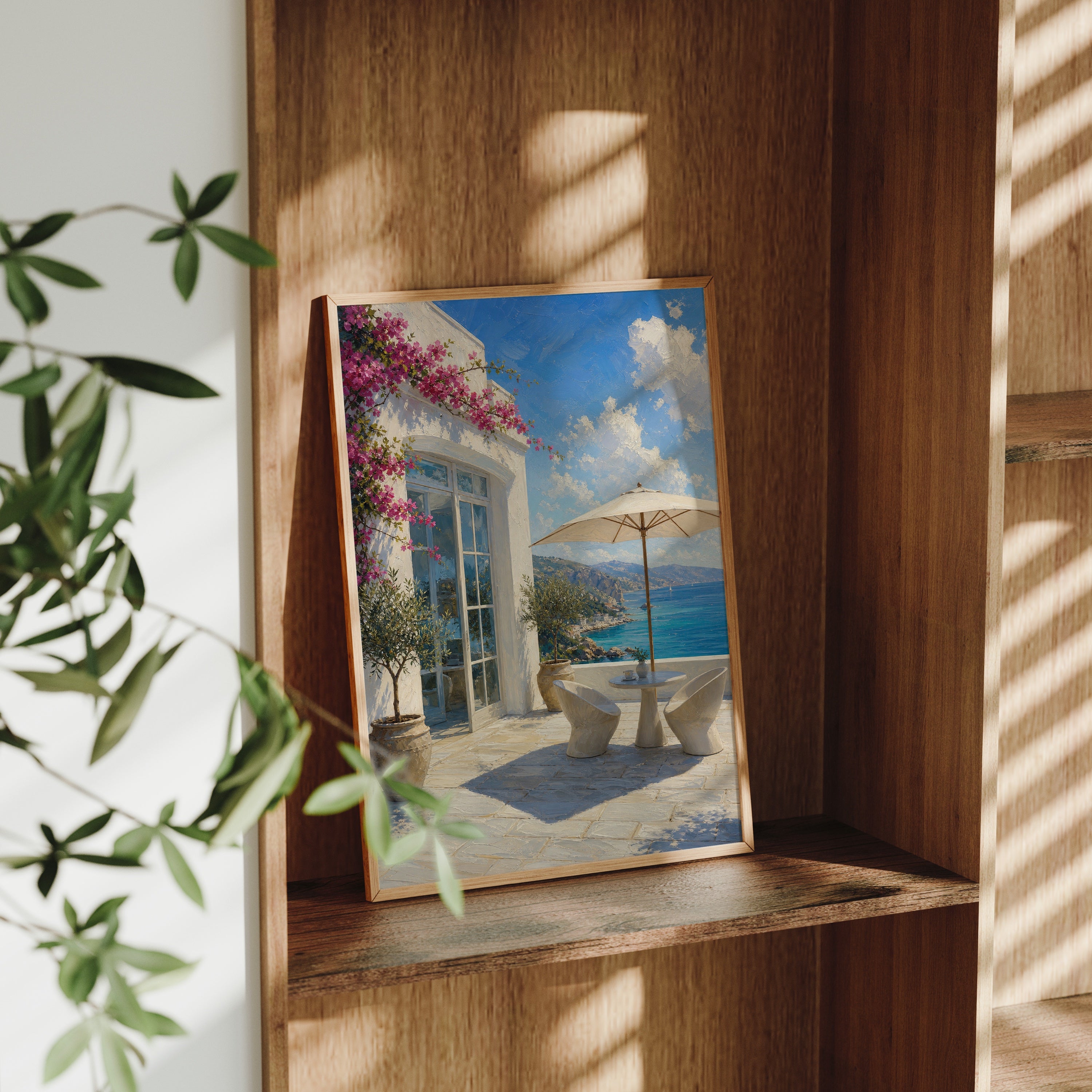 Greek Island Terrace Sea View poster gallery shelf mockup by Seji Art