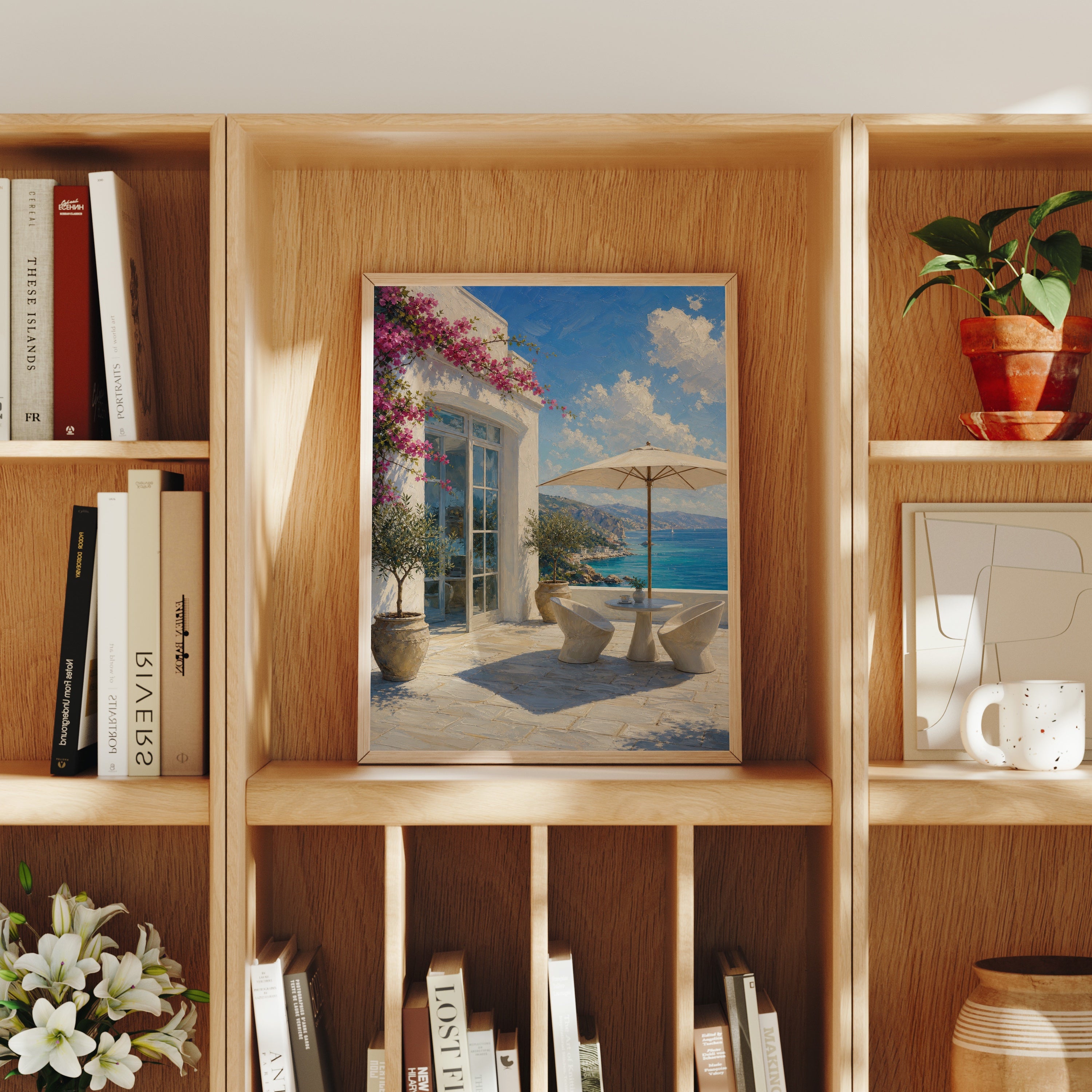 Greek Island Terrace Sea View poster home decor mockup by Seji Art