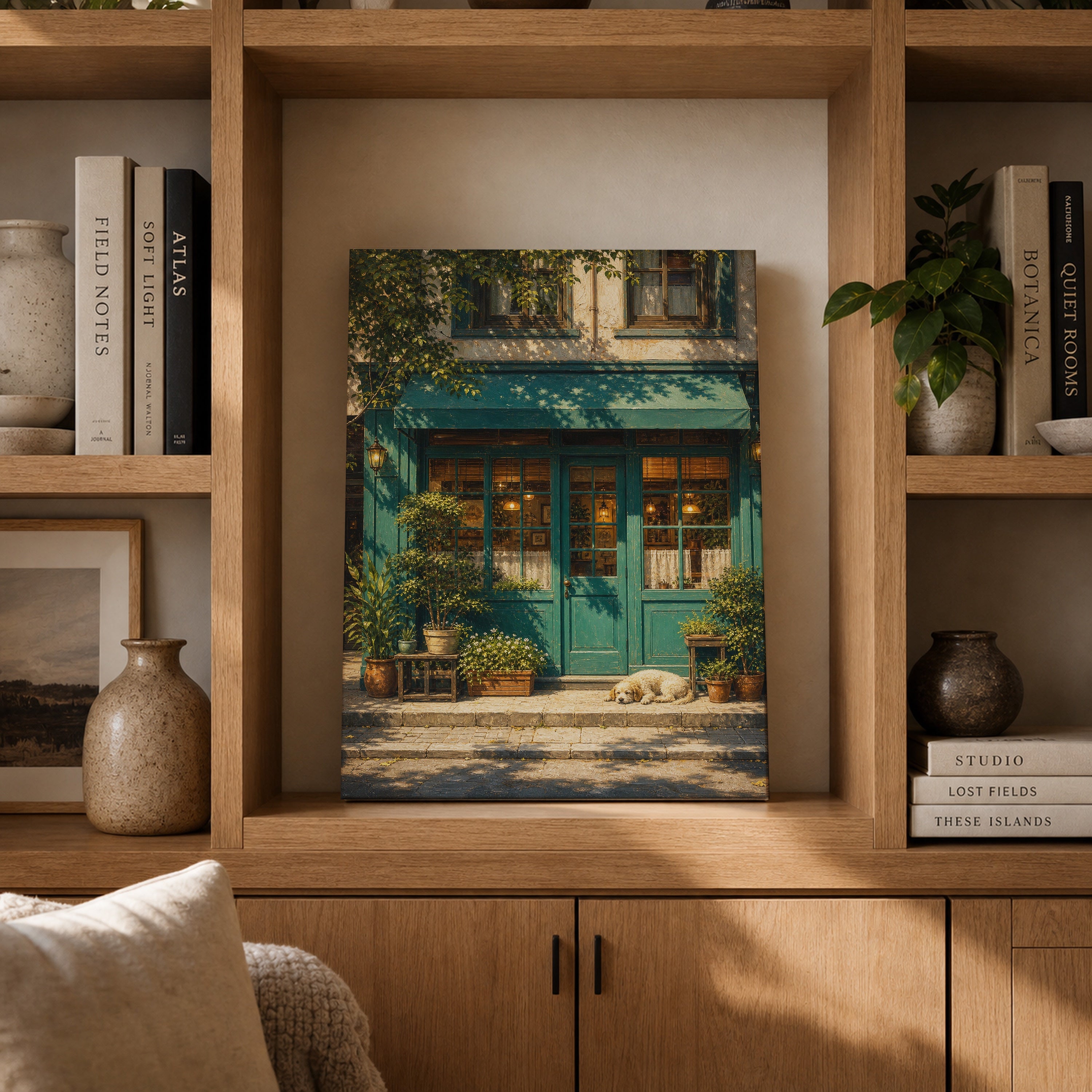 Green Vine Storefront Sunlit canvas gallery shelf mockup by Seji Art