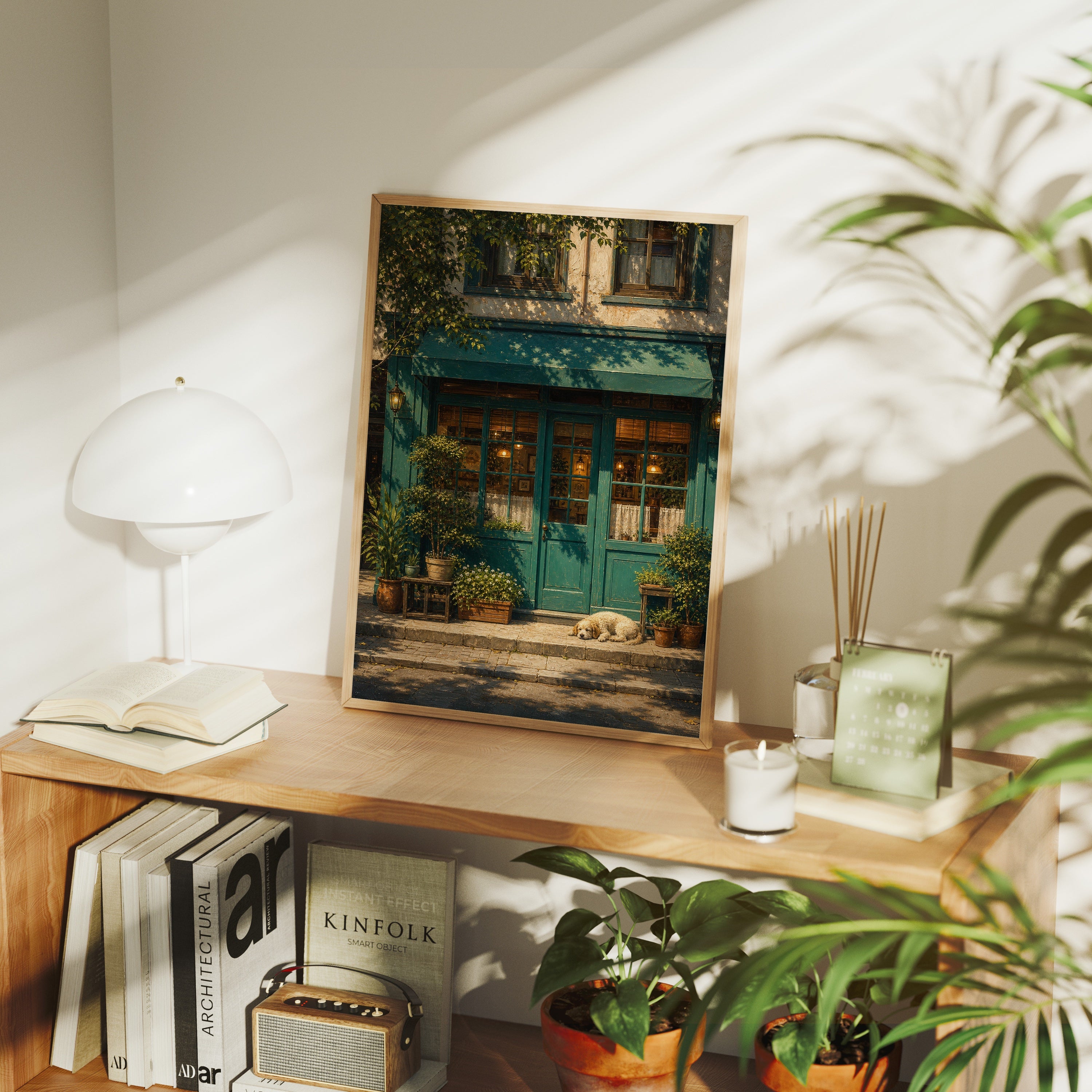 Green Vine Storefront Sunlit poster framed room mockup by Seji Art