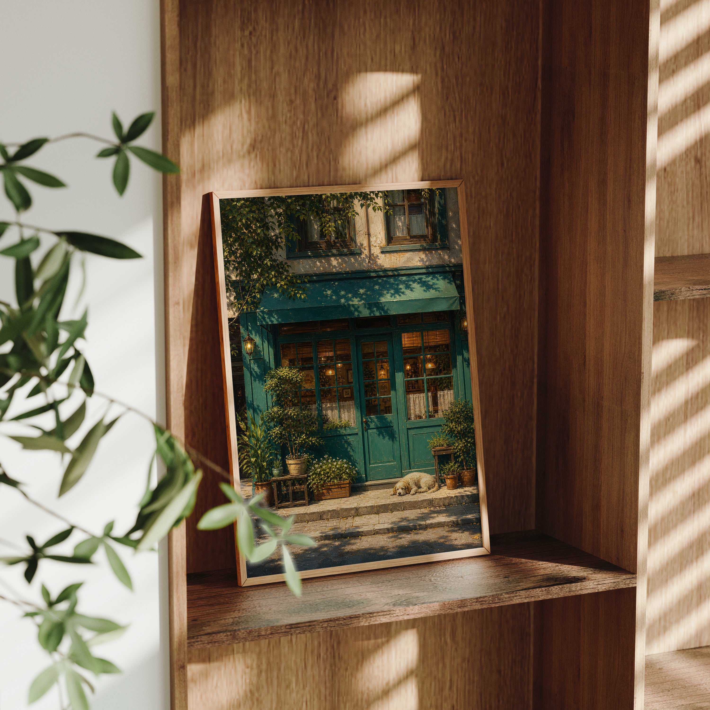Green Vine Storefront Sunlit poster gallery shelf mockup by Seji Art