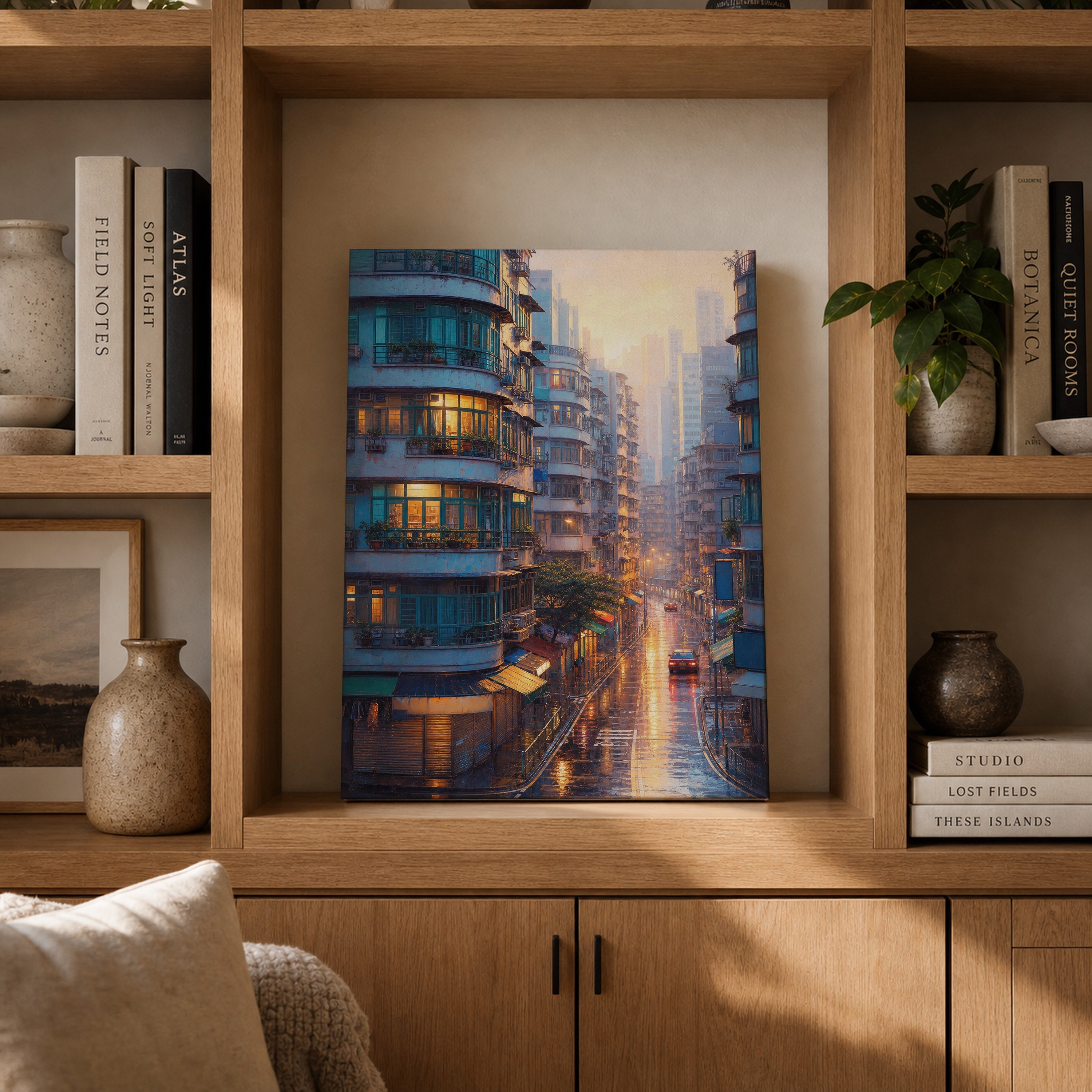 Hong Kong Apartment Sunrise canvas gallery shelf mockup by Seji Art