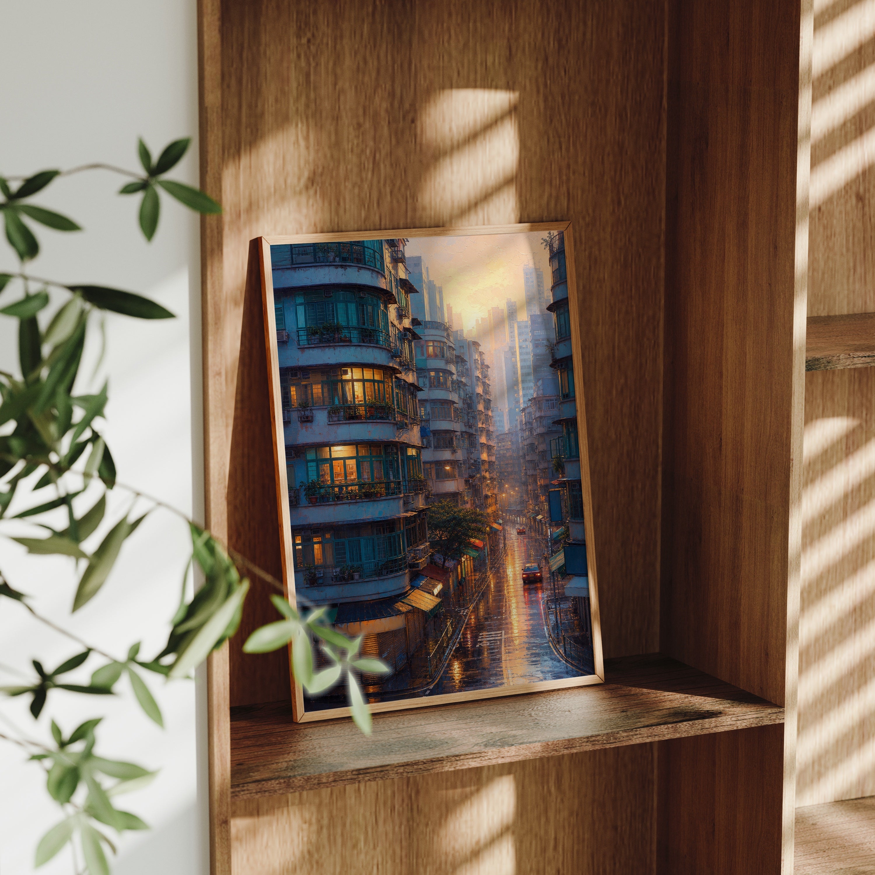 Hong Kong Apartment Sunrise poster gallery shelf mockup by Seji Art