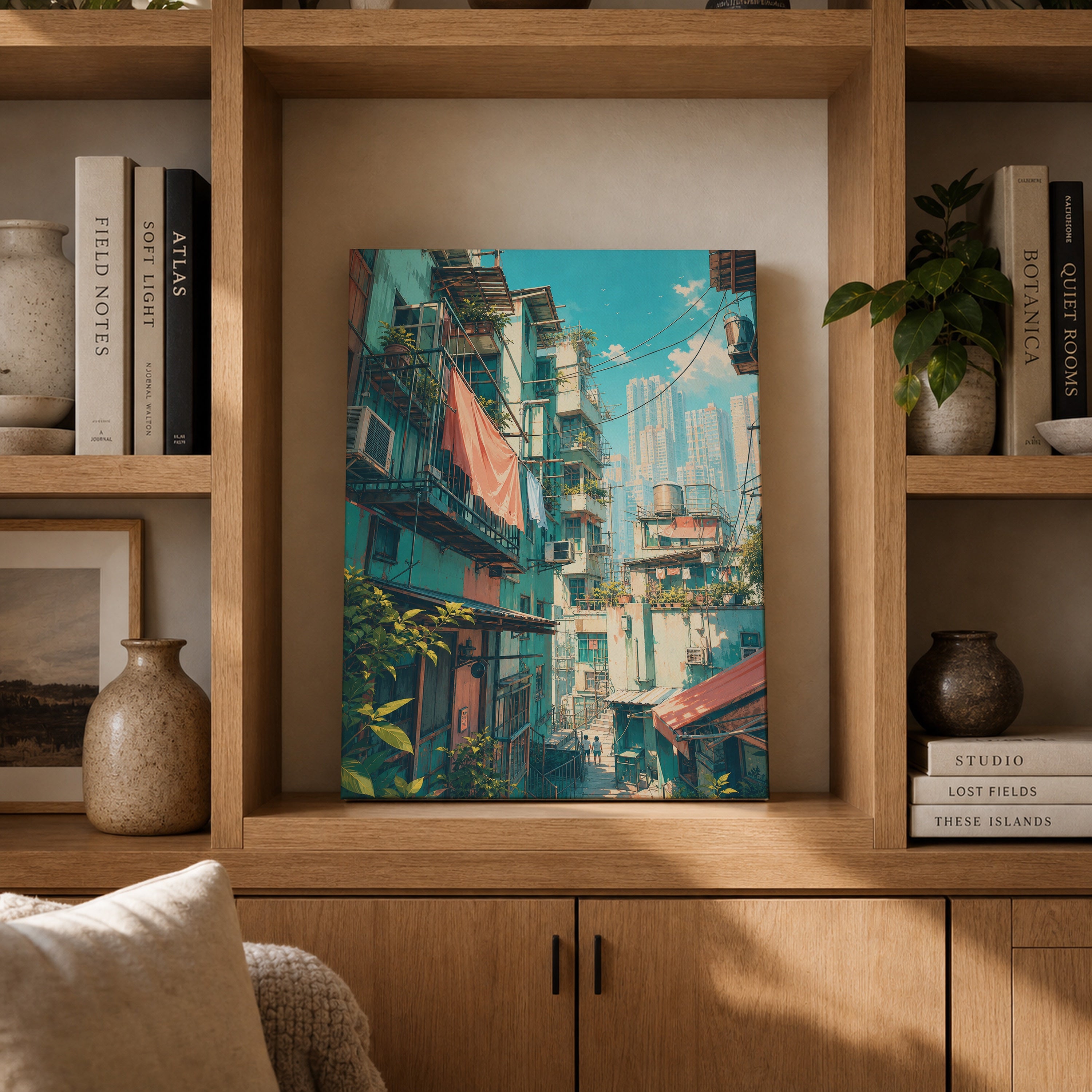 Hong Kong Balcony Market Street canvas gallery shelf mockup by Seji Art