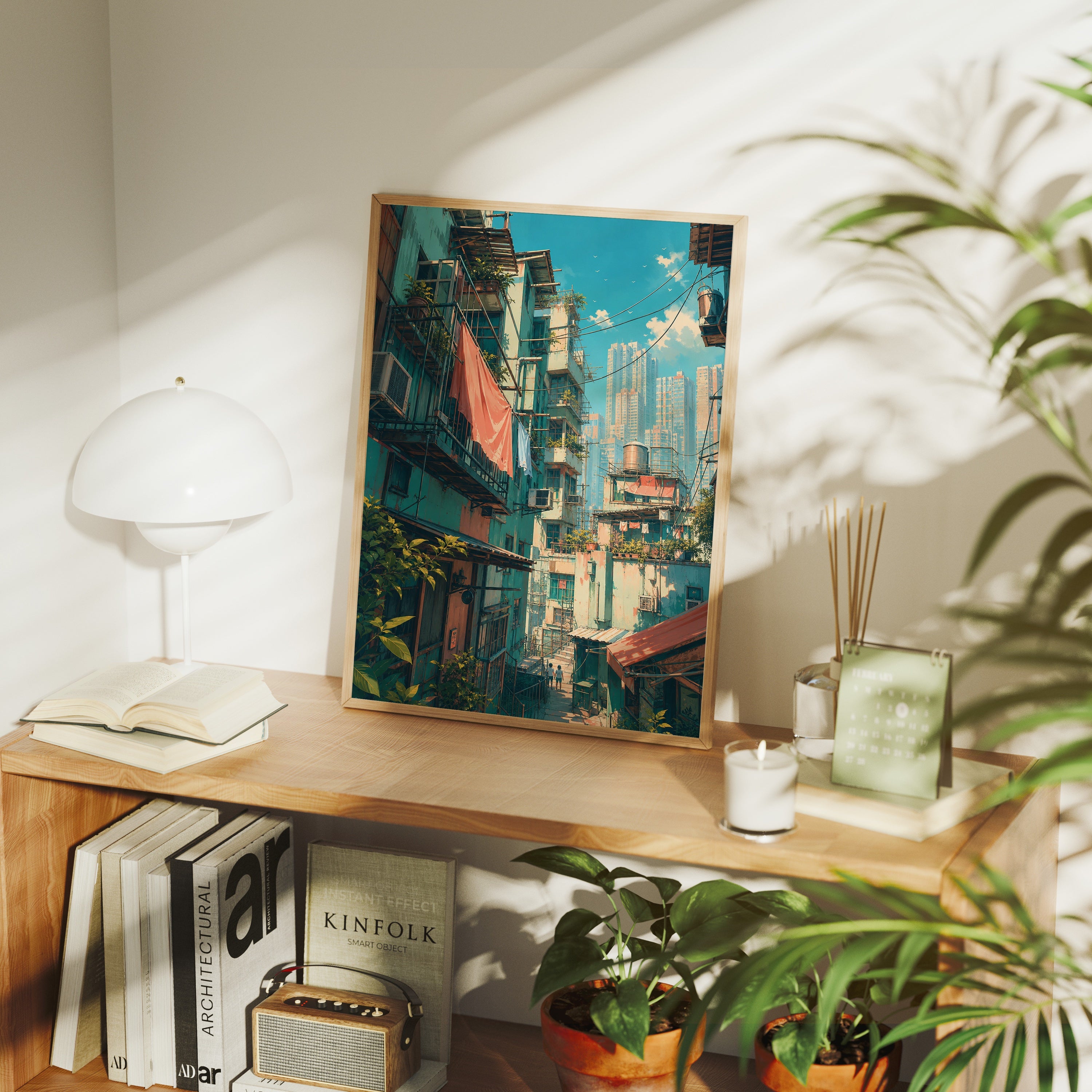 Hong Kong Balcony Market Street poster framed room mockup by Seji Art