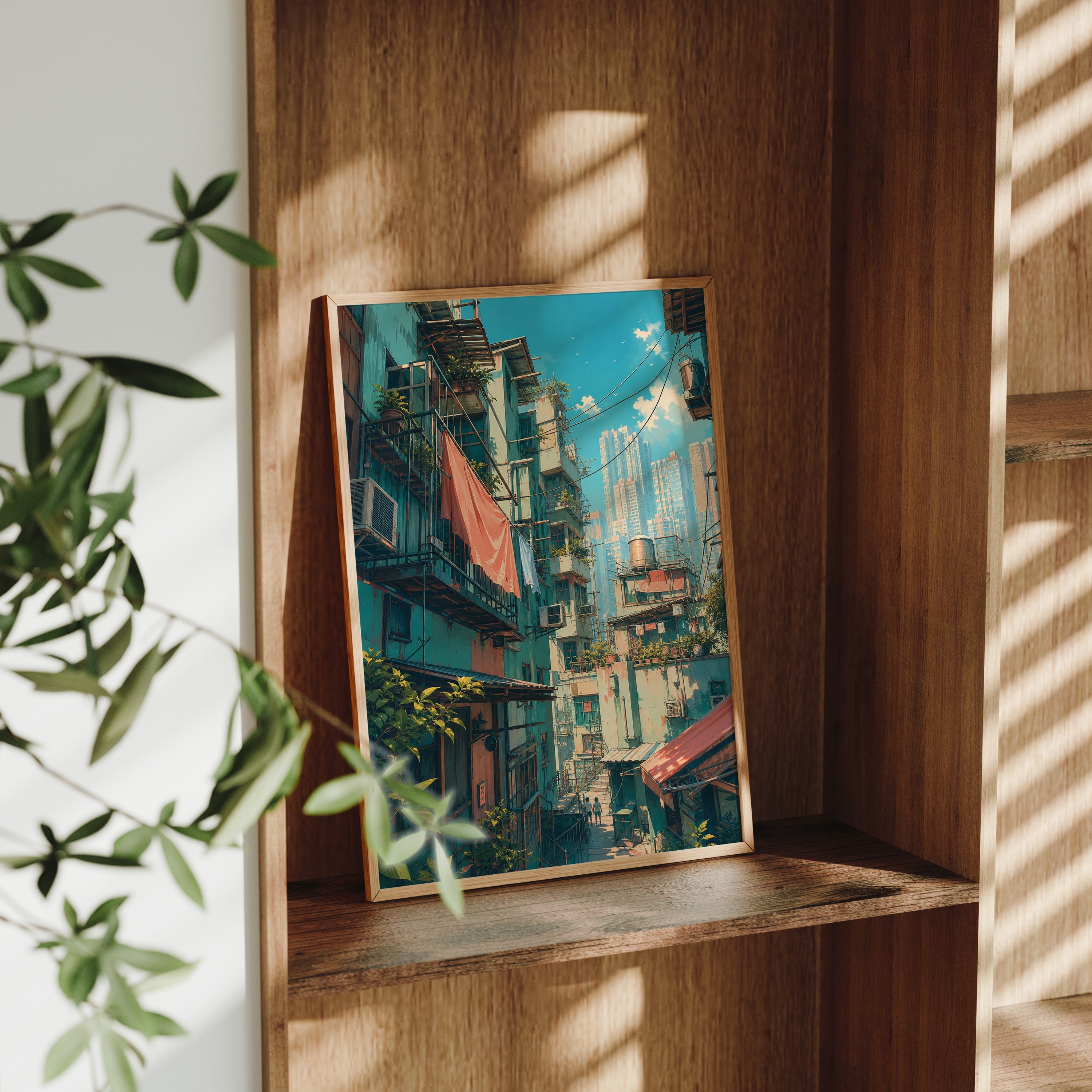 Hong Kong Balcony Market Street poster gallery shelf mockup by Seji Art