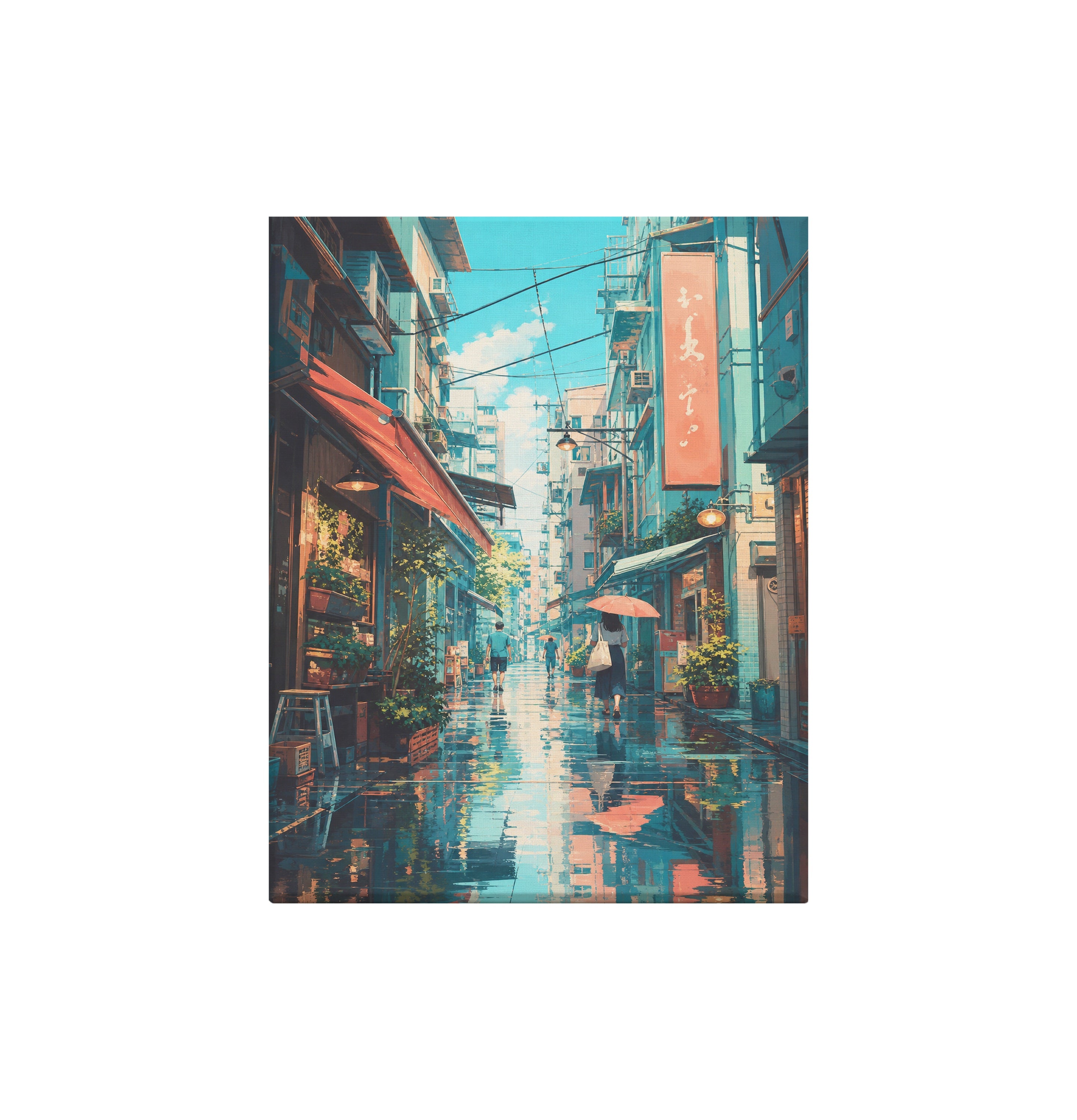Hong Kong Blue Rain Market Alley canvas wall art preview by Seji Art