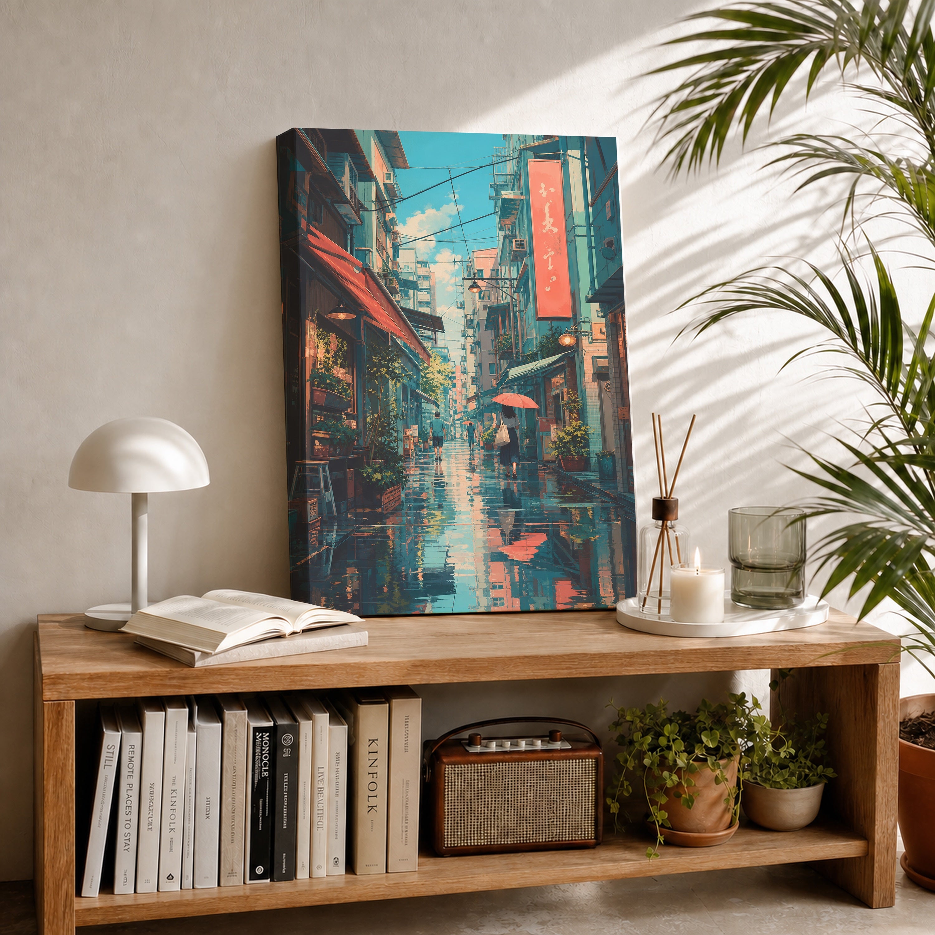 Hong Kong Blue Rain Market Alley canvas room mockup by Seji Art
