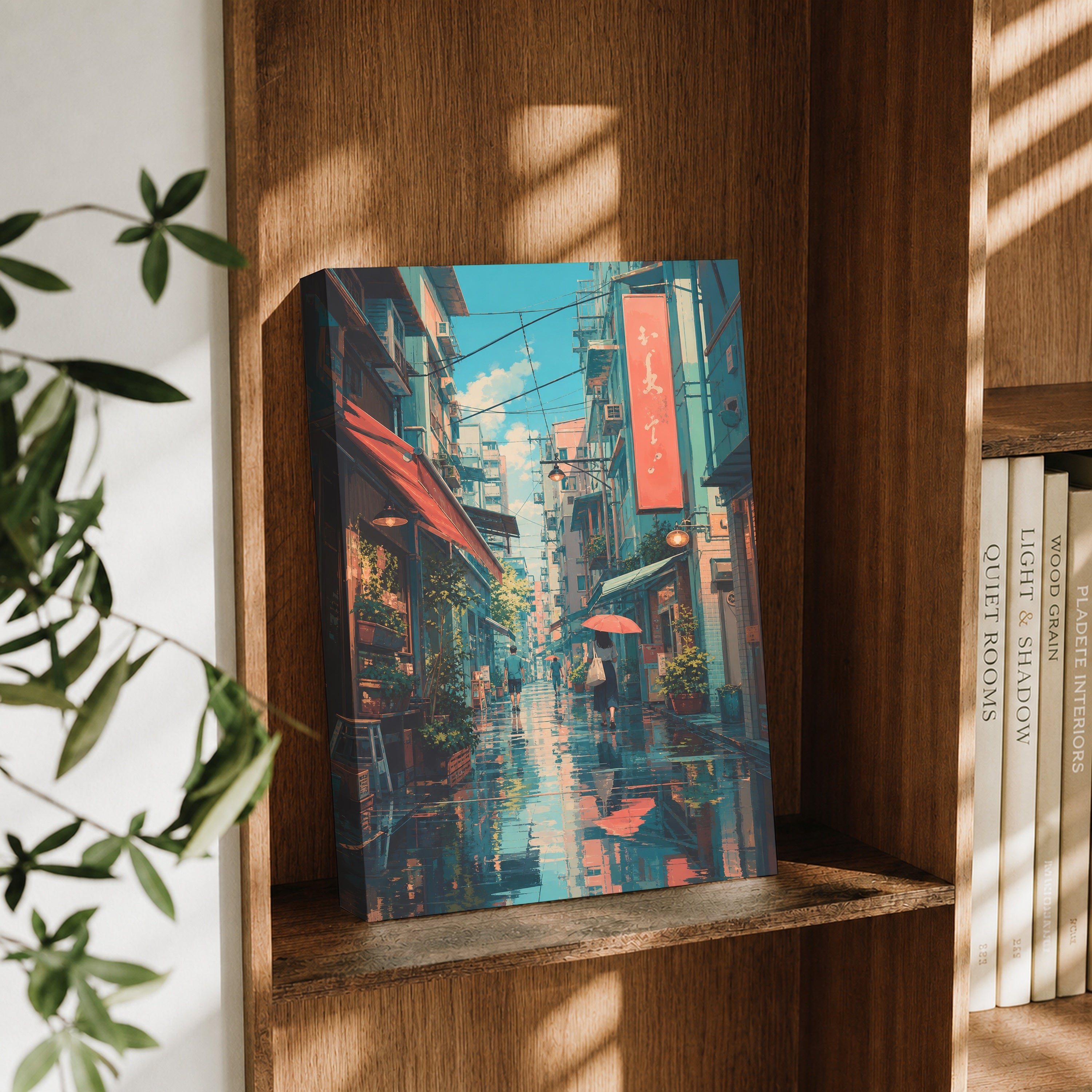 Hong Kong Blue Rain Market Alley canvas wall art decor mockup by Seji Art