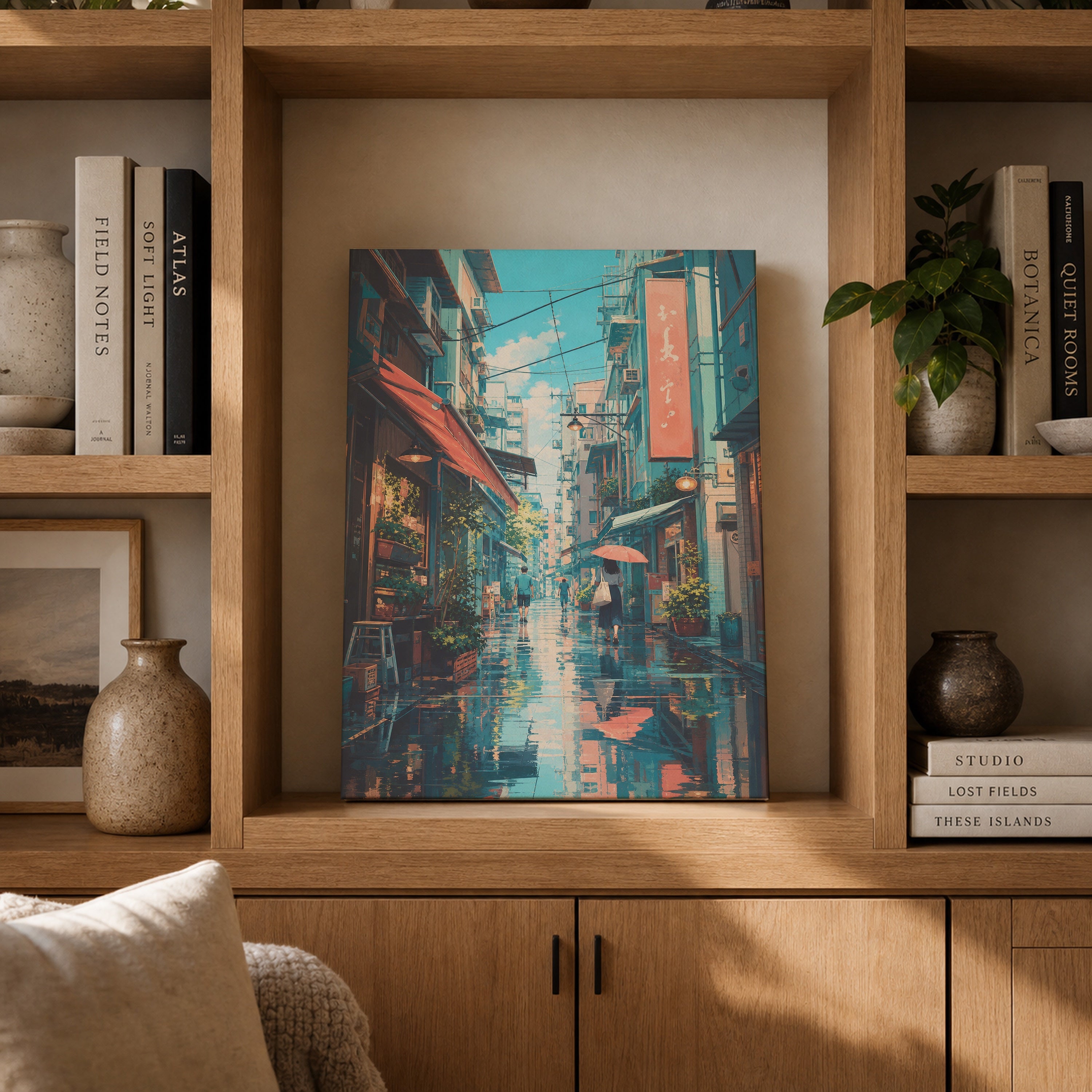 Hong Kong Blue Rain Market Alley canvas gallery shelf mockup by Seji Art