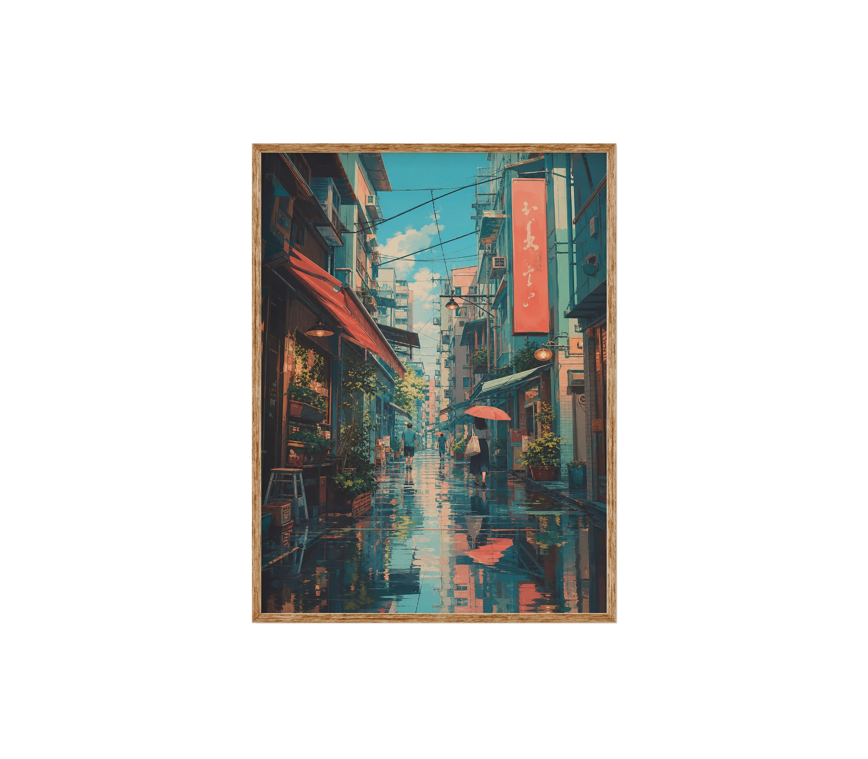 Hong Kong Blue Rain Market Alley poster print preview by Seji Art