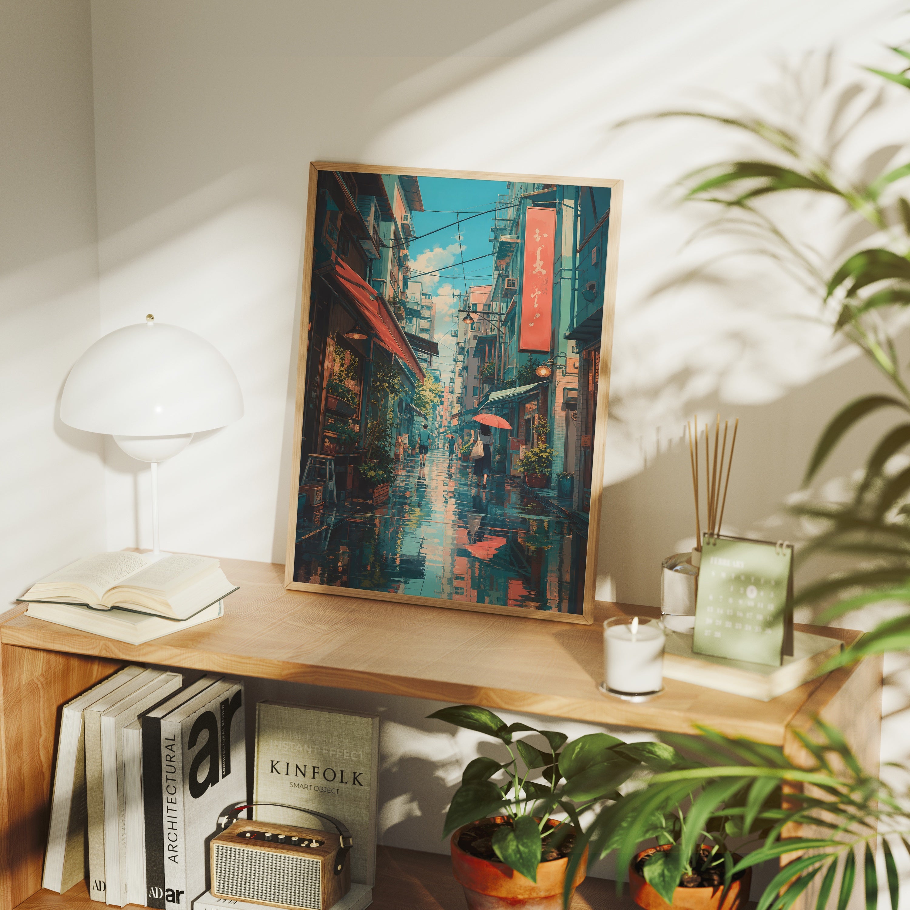 Hong Kong Blue Rain Market Alley poster framed room mockup by Seji Art