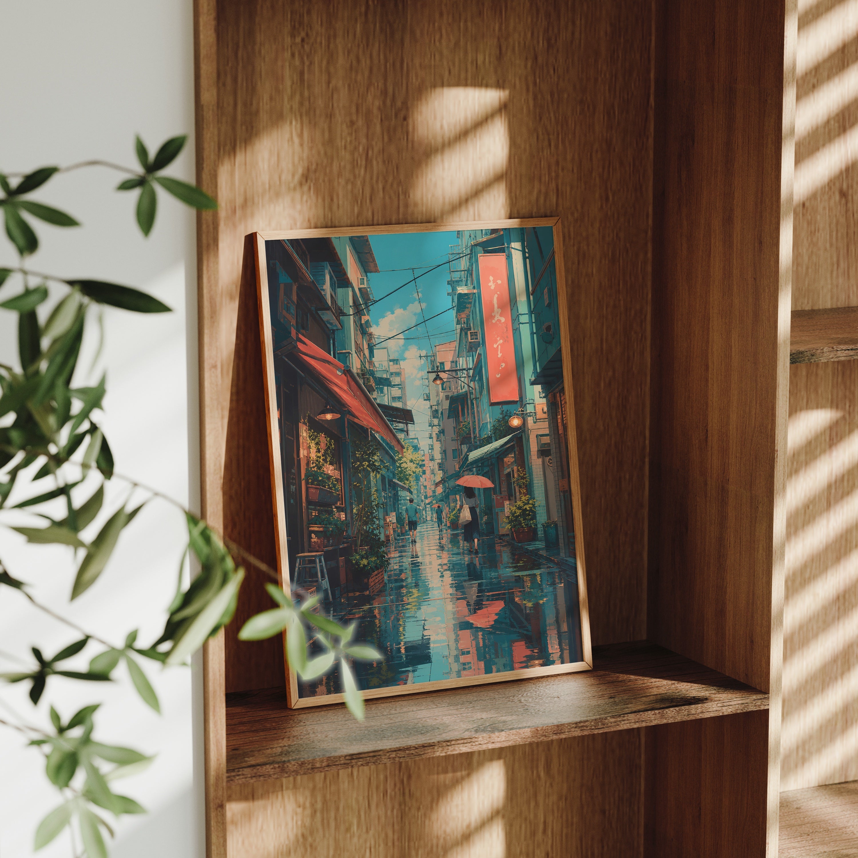 Hong Kong Blue Rain Market Alley poster gallery shelf mockup by Seji Art