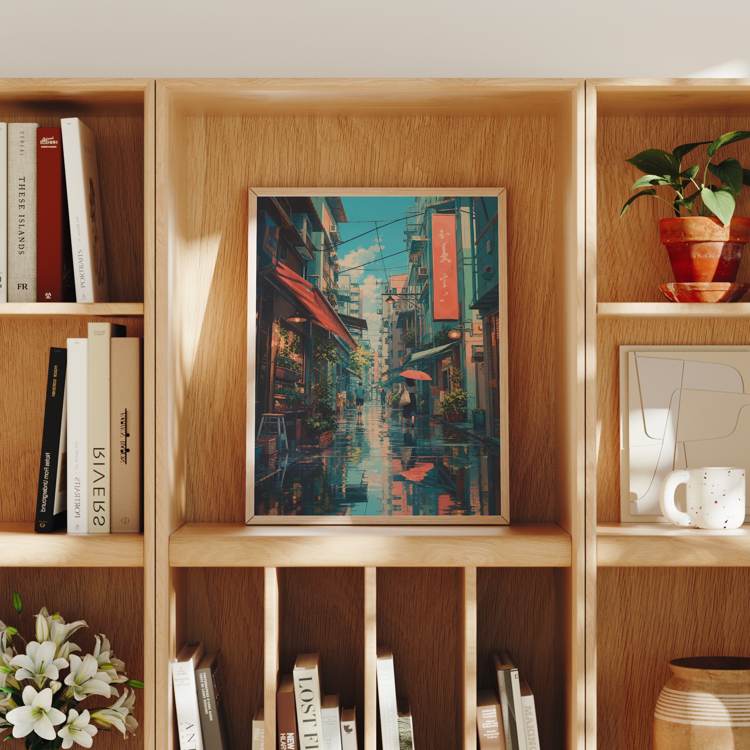 Hong Kong Blue Rain Market Alley poster home decor mockup by Seji Art