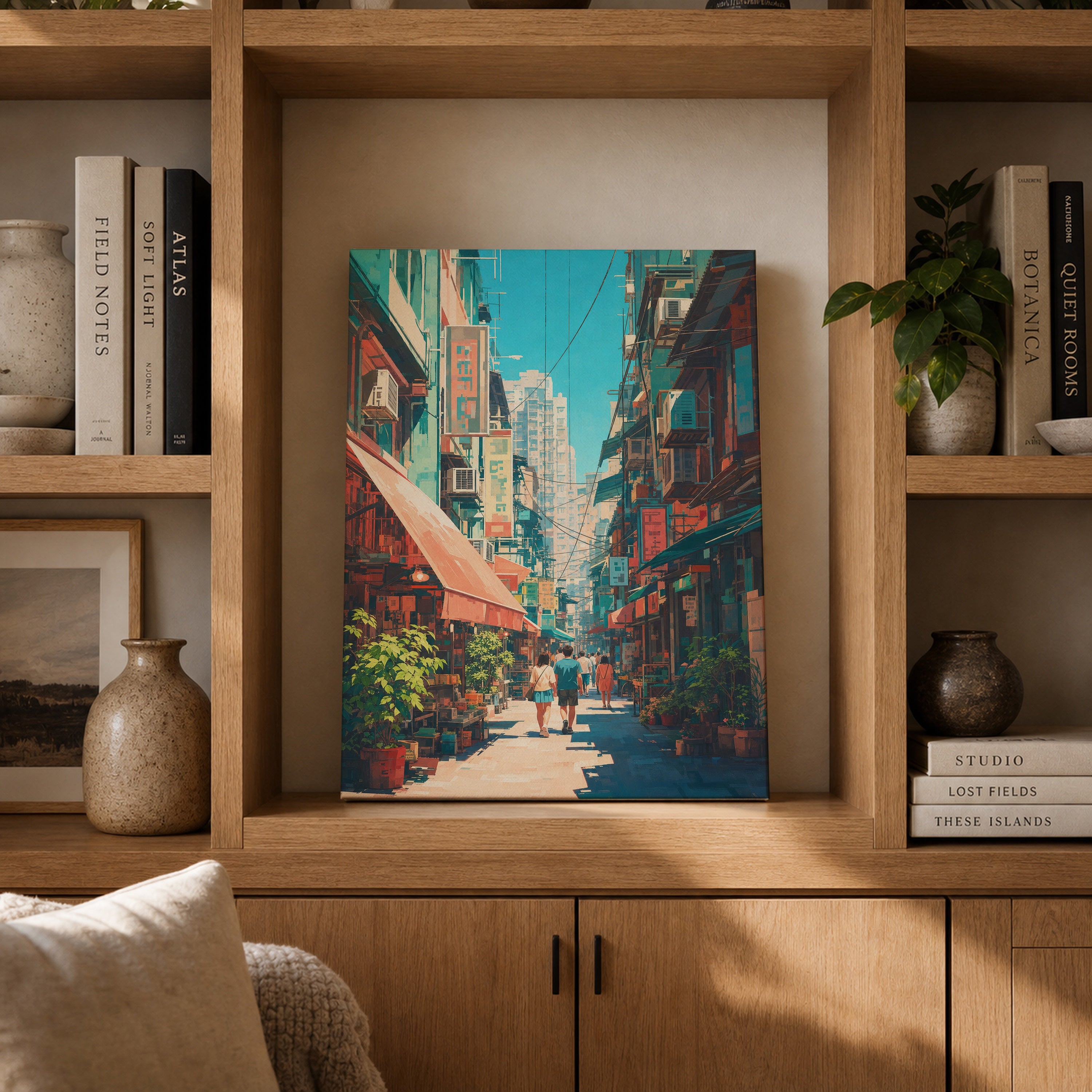 Hong Kong Crimson Awning Street canvas gallery shelf mockup by Seji Art