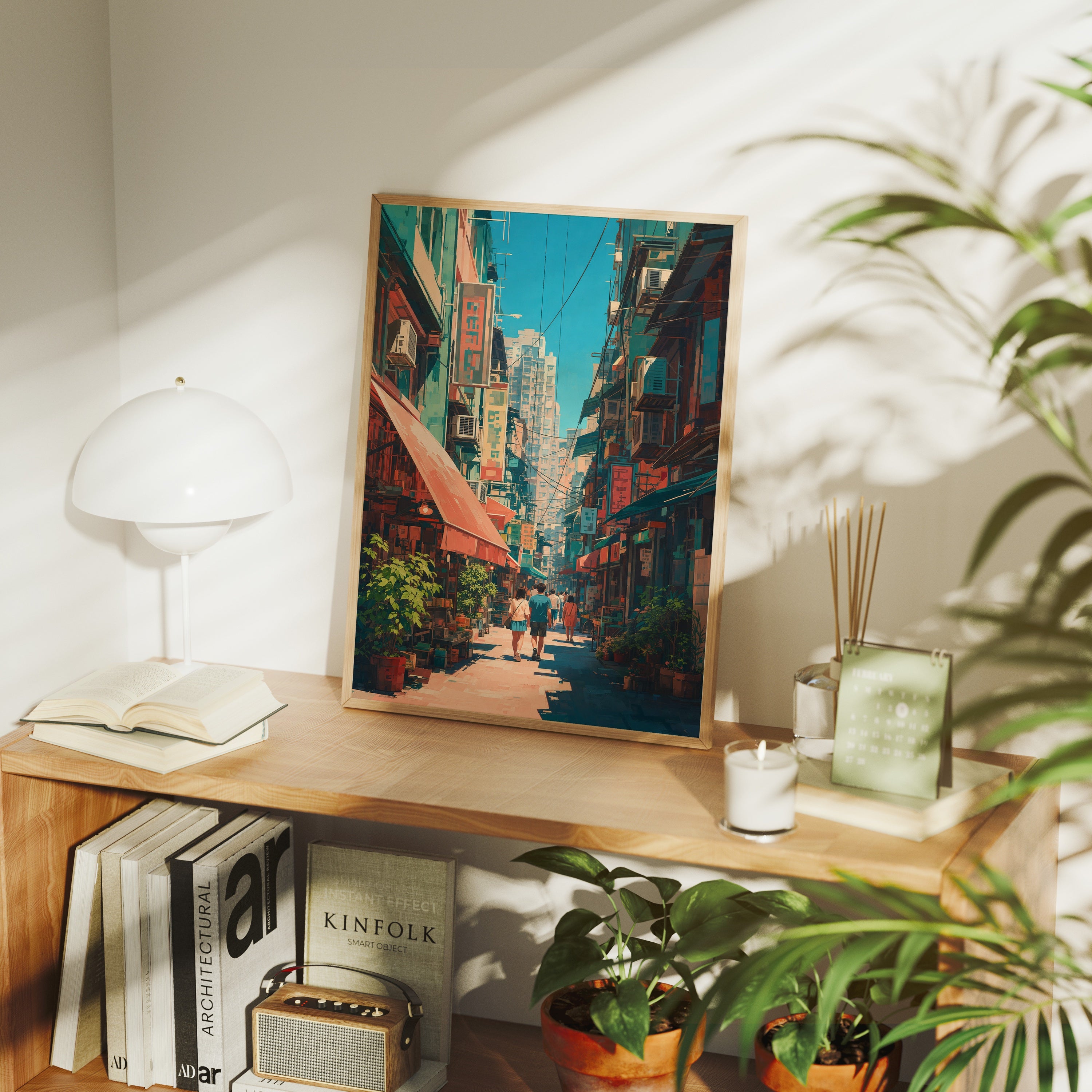 Hong Kong Crimson Awning Street poster framed room mockup by Seji Art