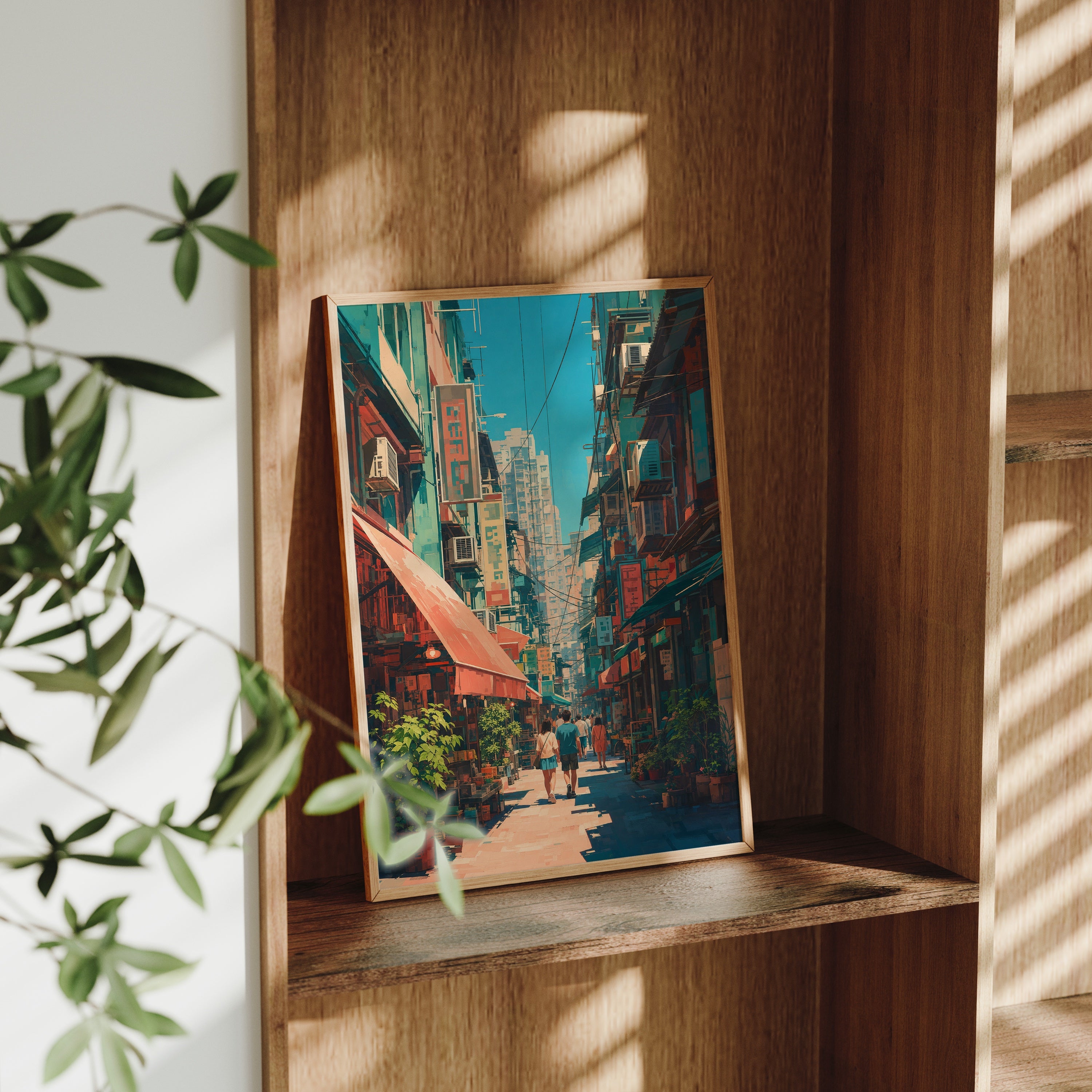 Hong Kong Crimson Awning Street poster gallery shelf mockup by Seji Art