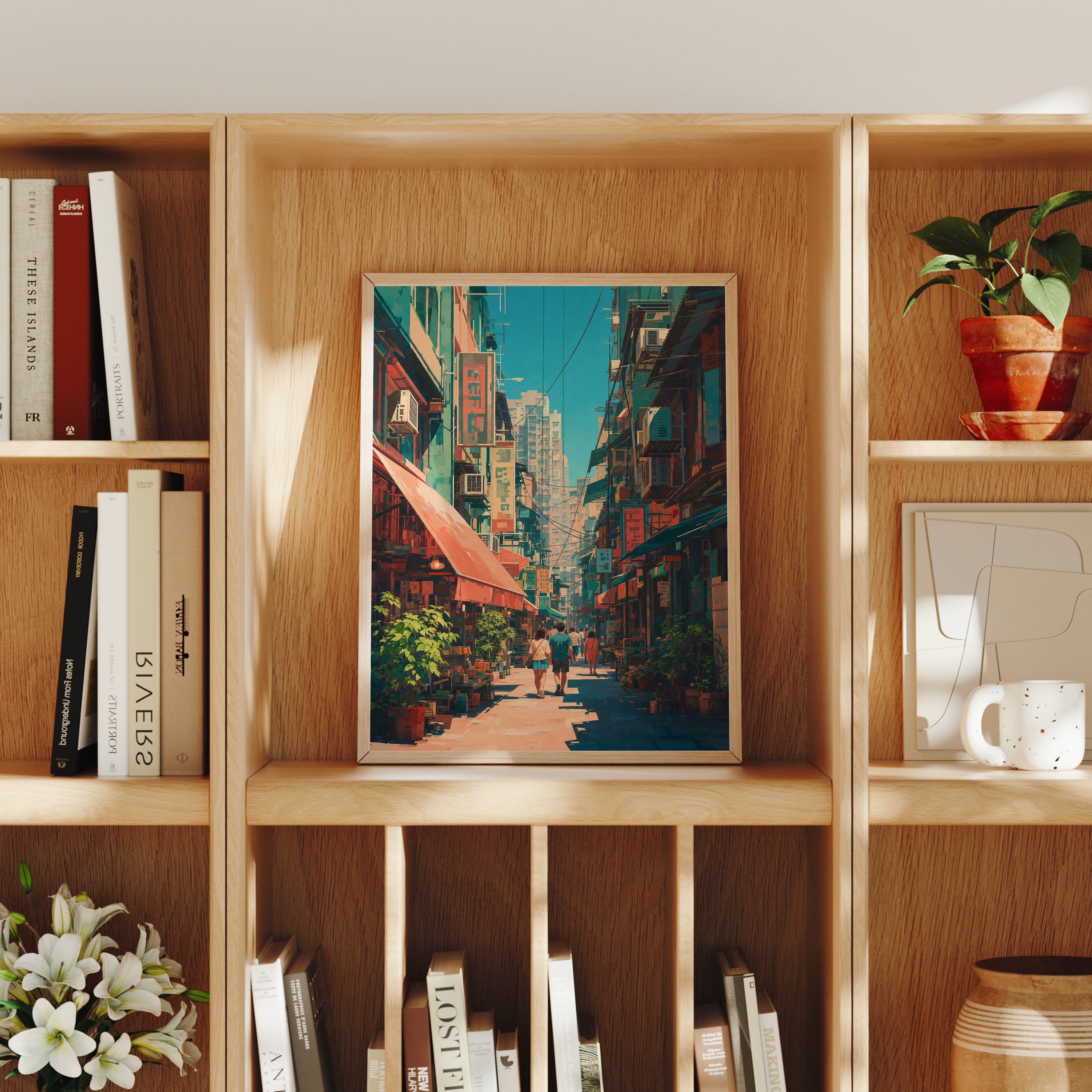 Hong Kong Crimson Awning Street poster home decor mockup by Seji Art
