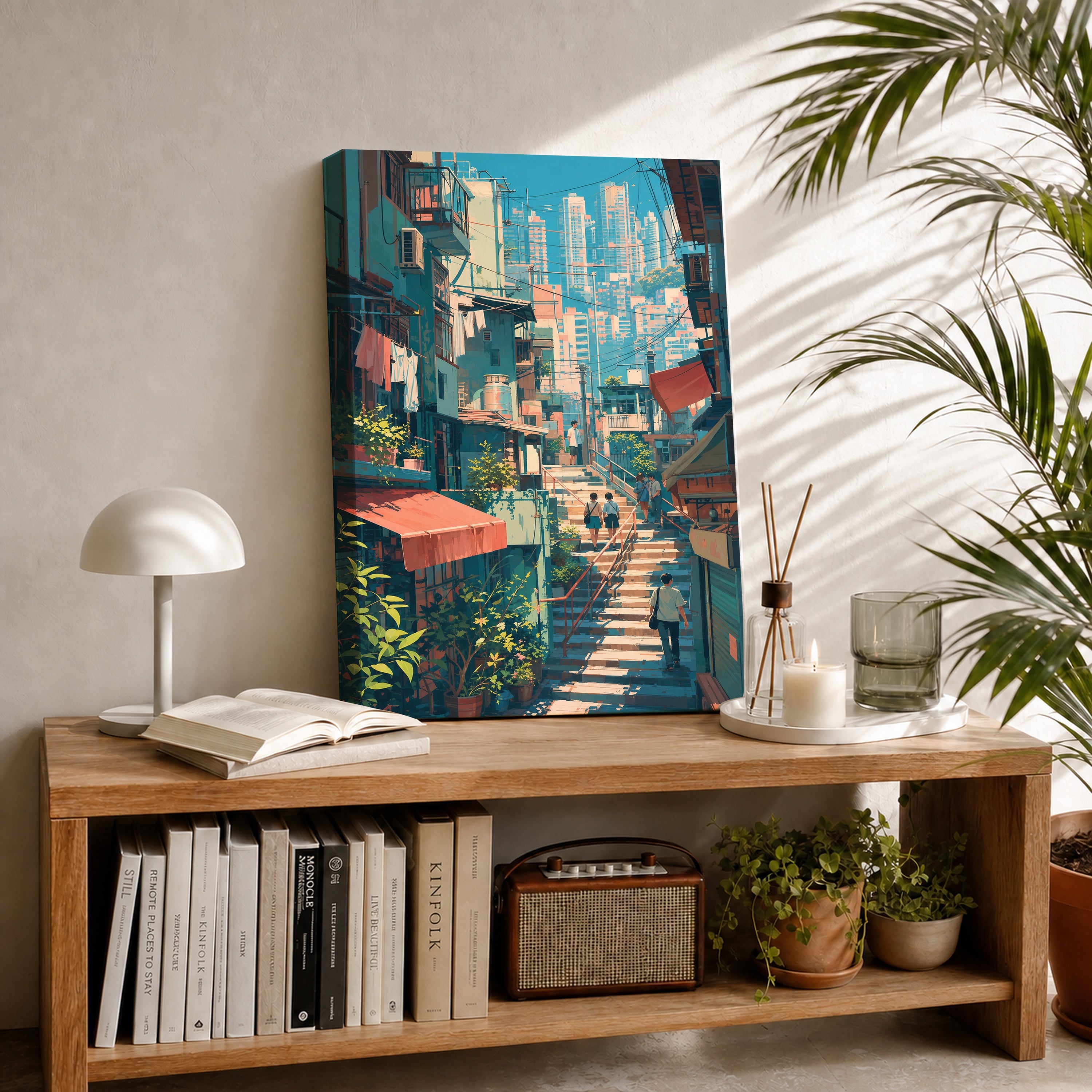 Hong Kong Hillside Stairway Skyline canvas room mockup by Seji Art