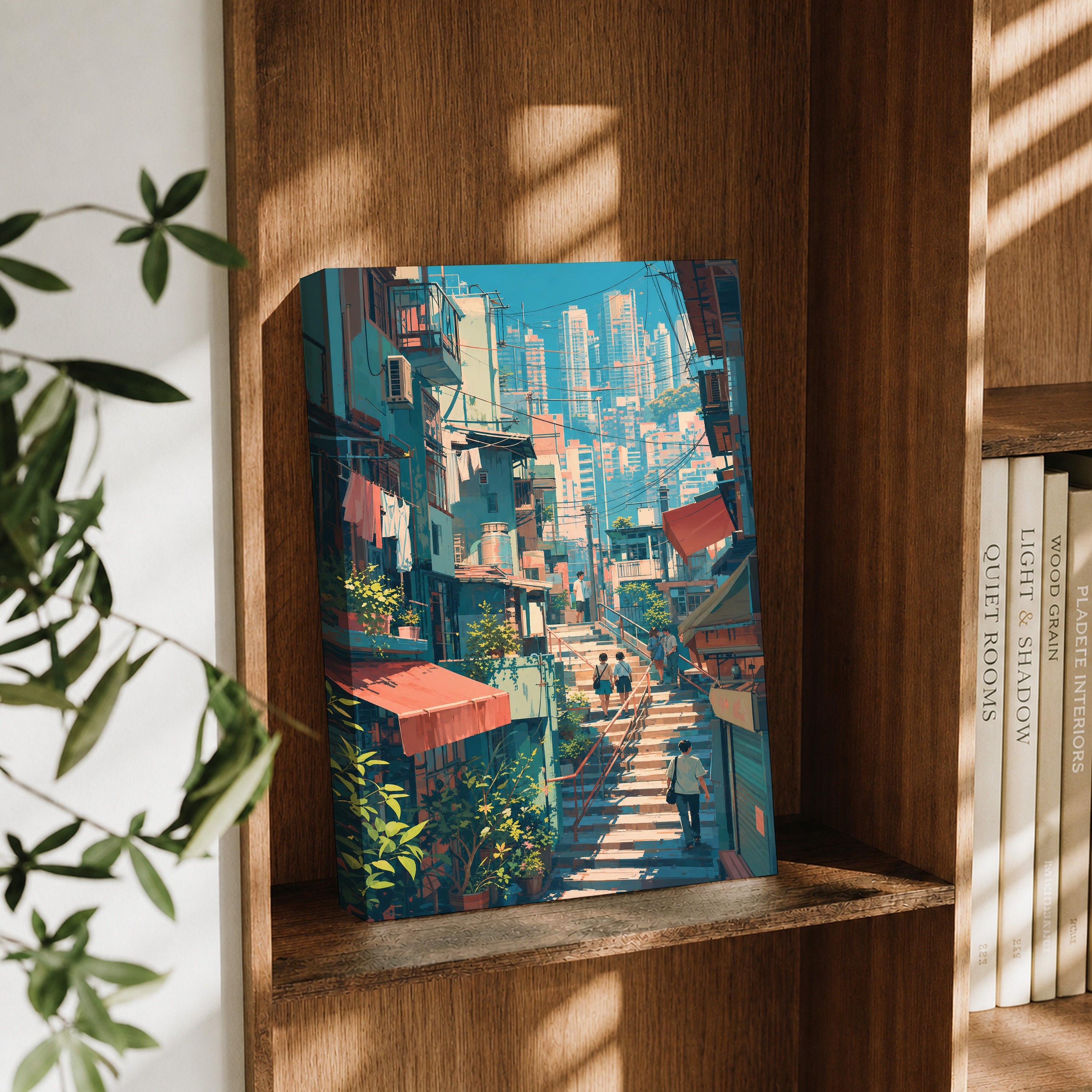 Hong Kong Hillside Stairway Skyline canvas wall art decor mockup by Seji Art