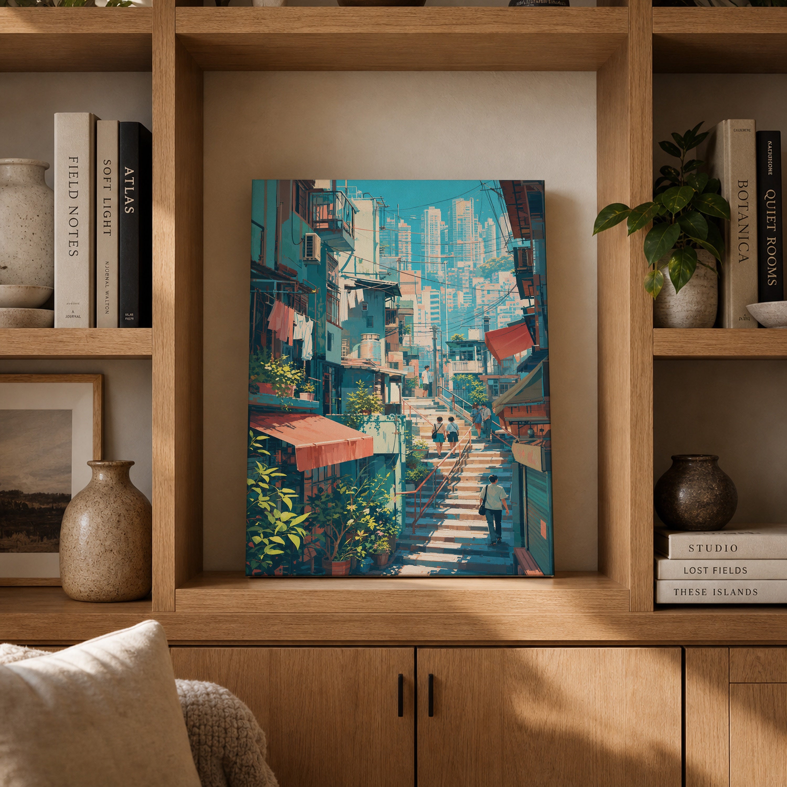 Hong Kong Hillside Stairway Skyline canvas gallery shelf mockup by Seji Art