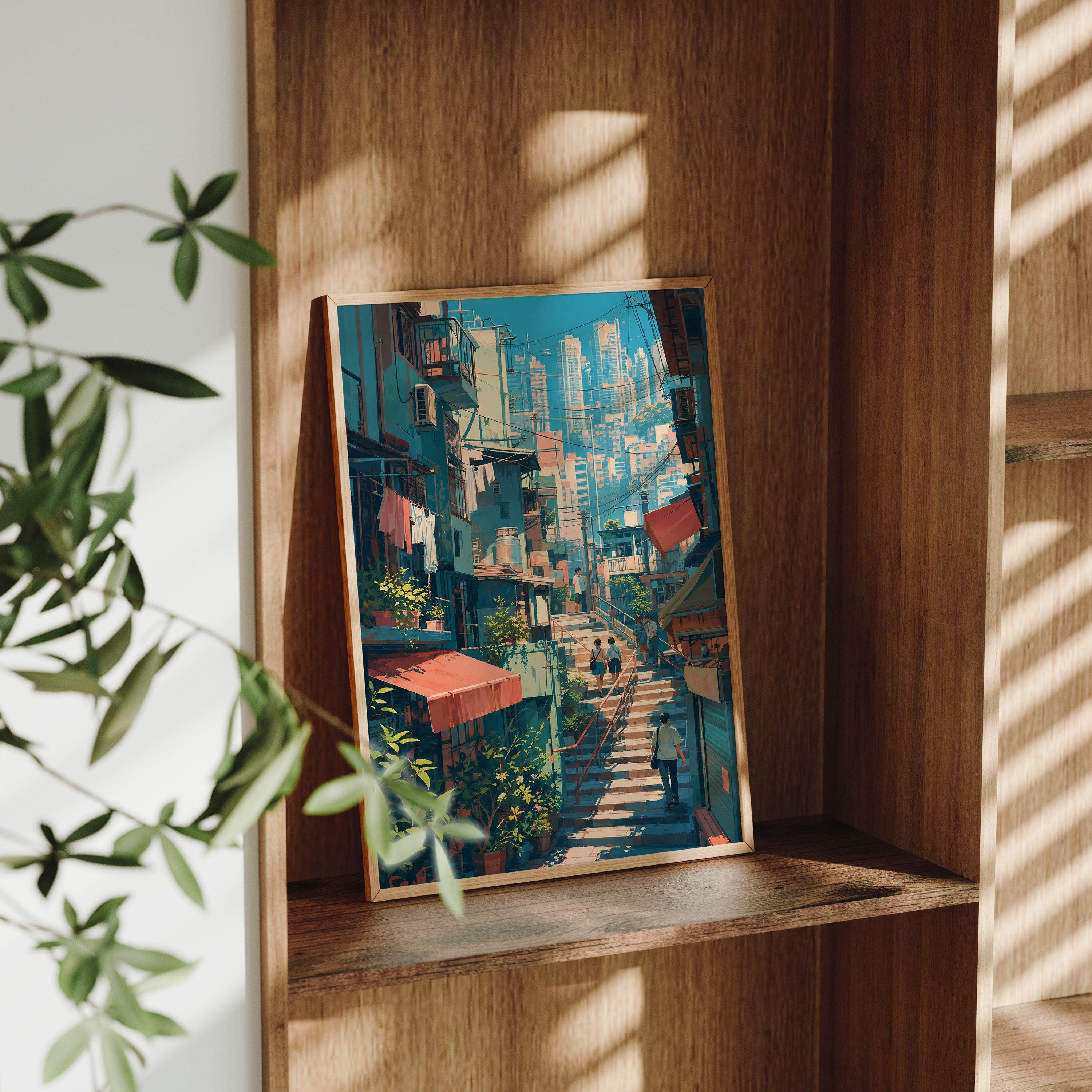 Hong Kong Hillside Stairway Skyline poster gallery shelf mockup by Seji Art