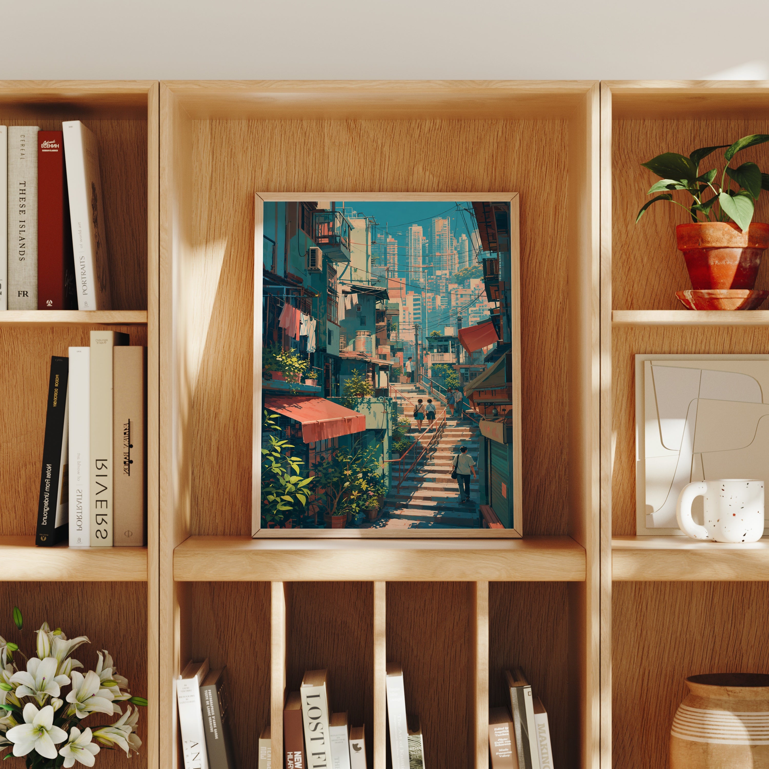 Hong Kong Hillside Stairway Skyline poster home decor mockup by Seji Art