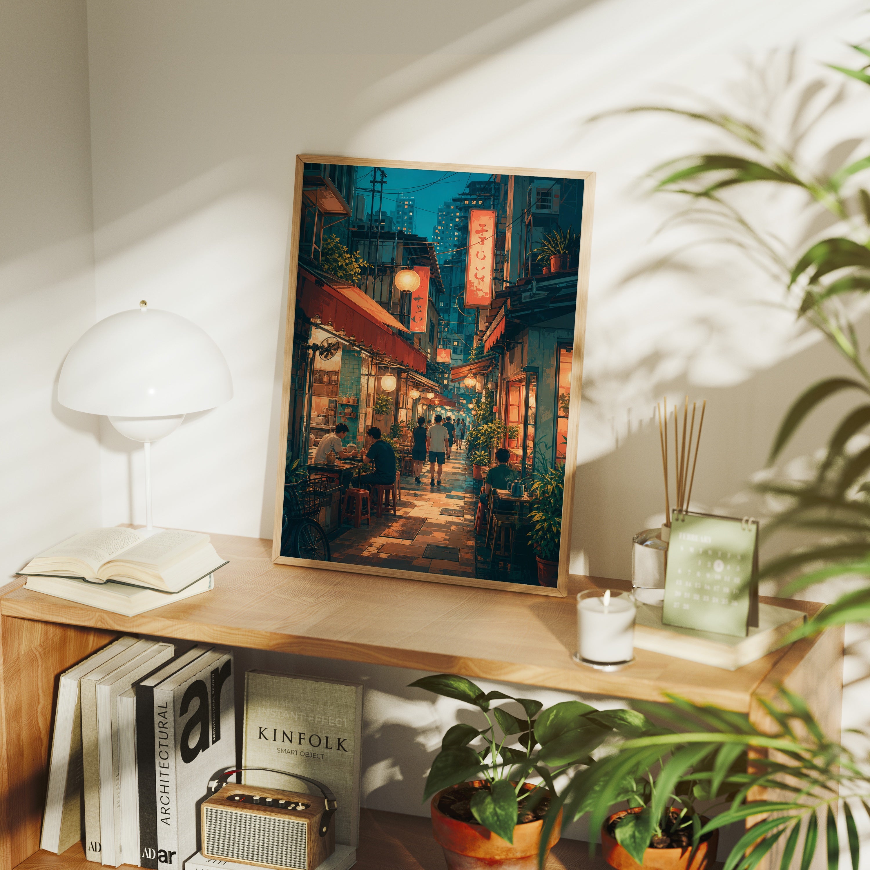 Hong Kong Lantern Shop Alley poster framed room mockup by Seji Art