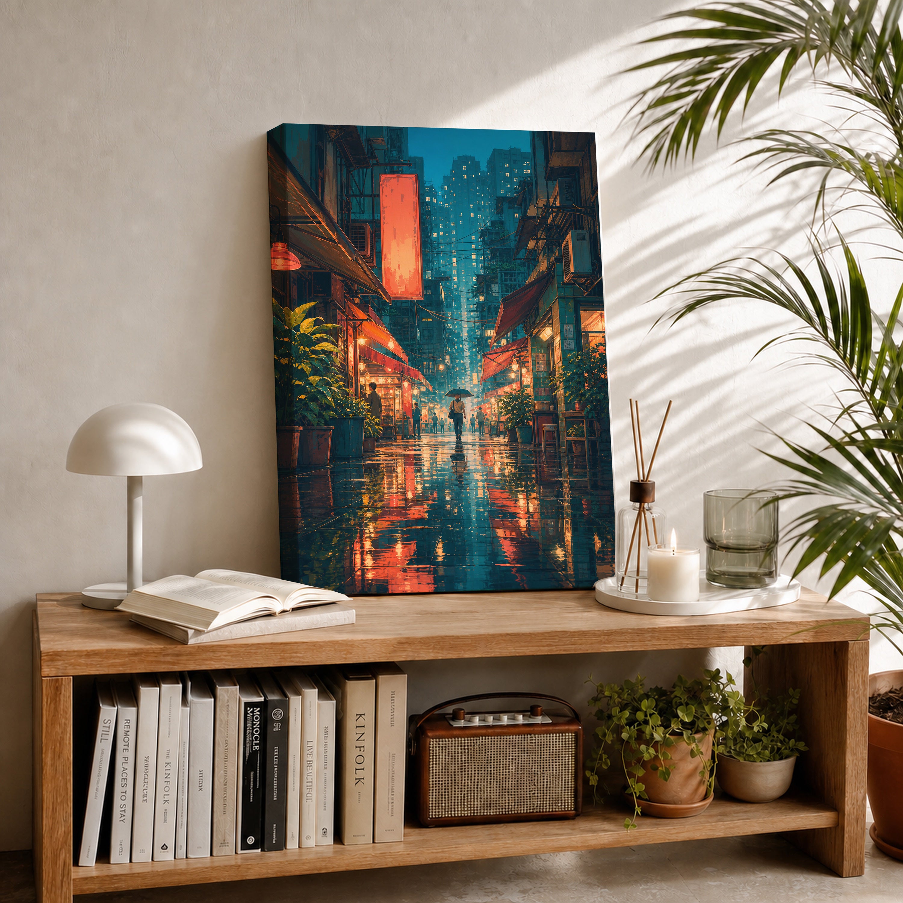 Hong Kong Rainlit Alley Glow canvas room mockup by Seji Art
