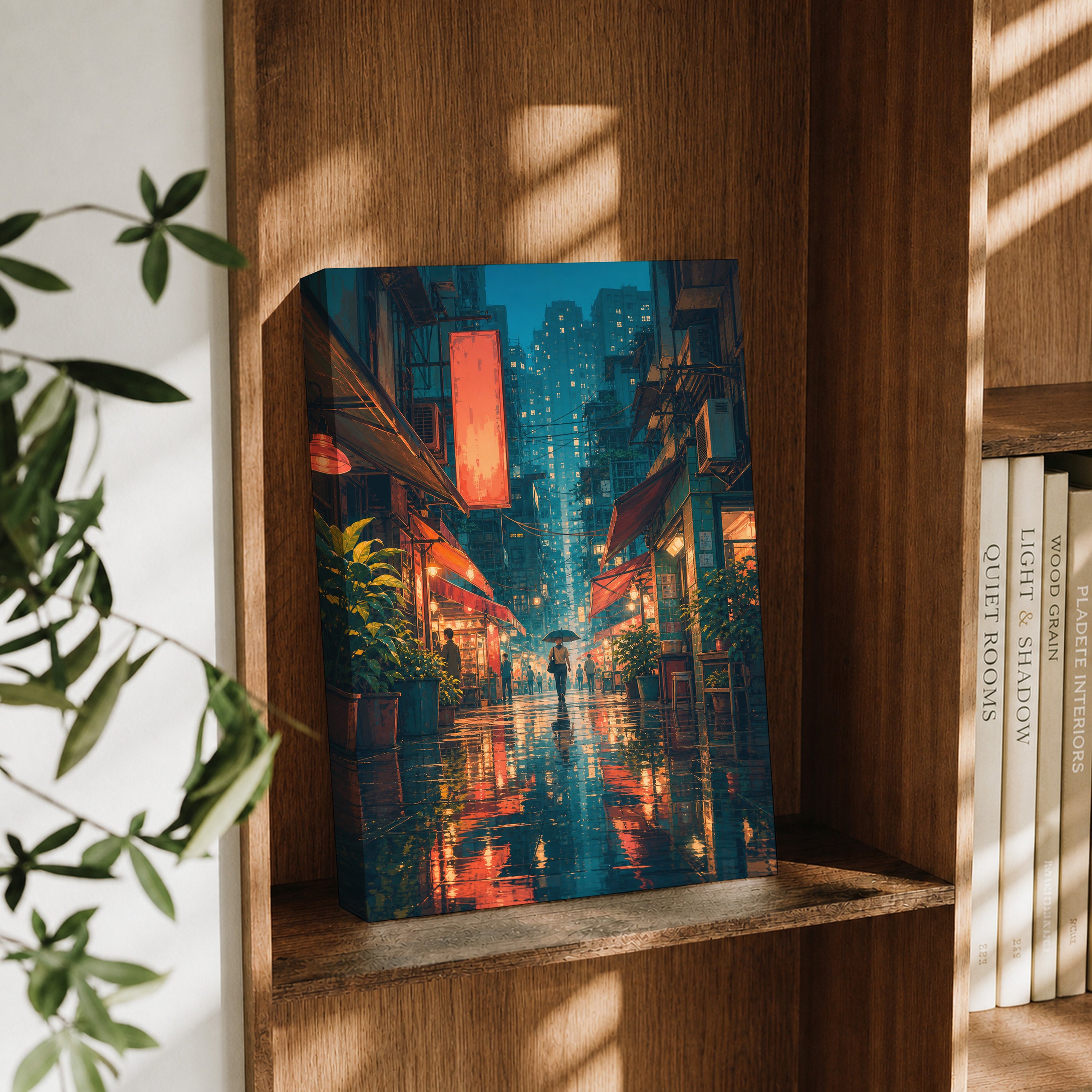 Hong Kong Rainlit Alley Glow canvas wall art decor mockup by Seji Art