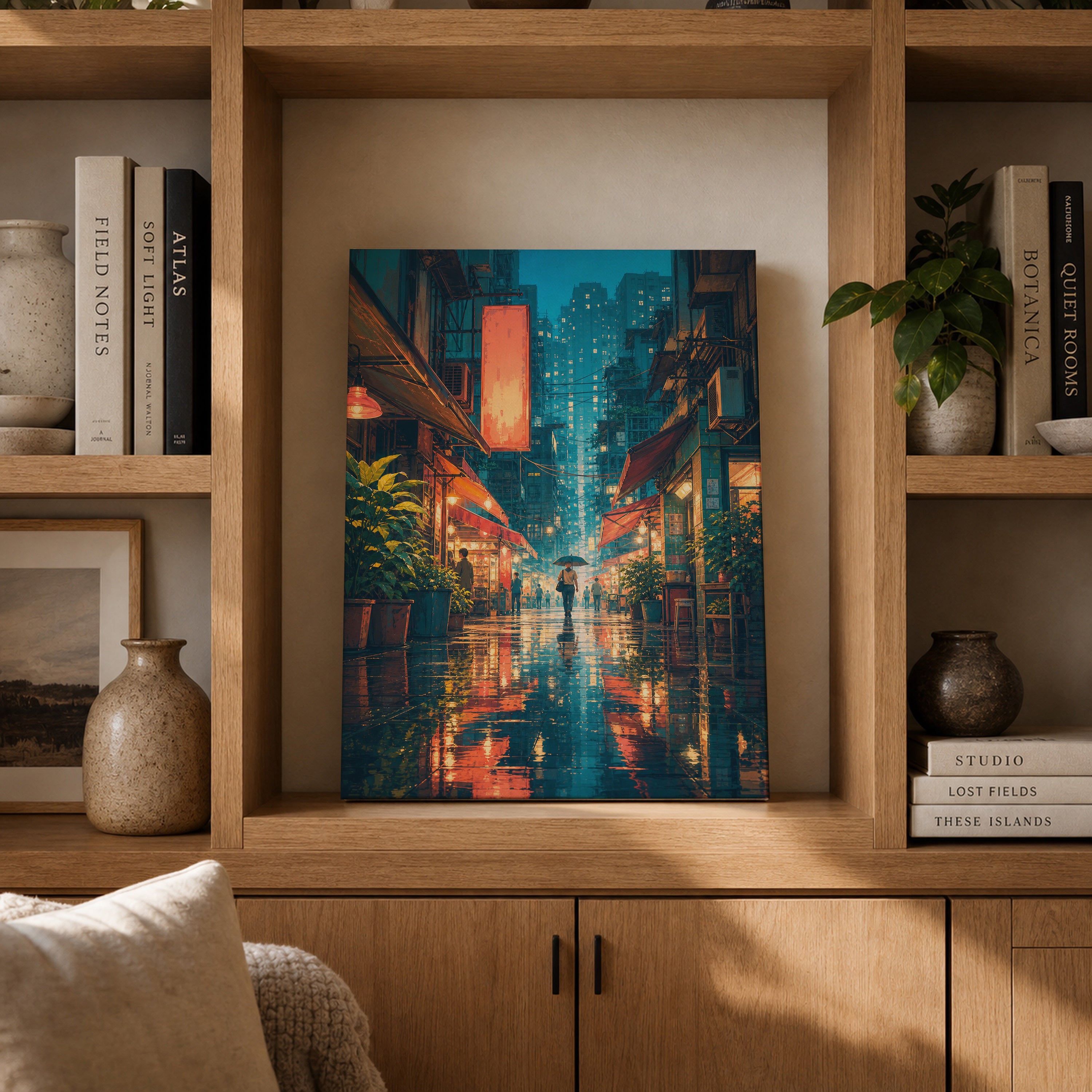 Hong Kong Rainlit Alley Glow canvas gallery shelf mockup by Seji Art