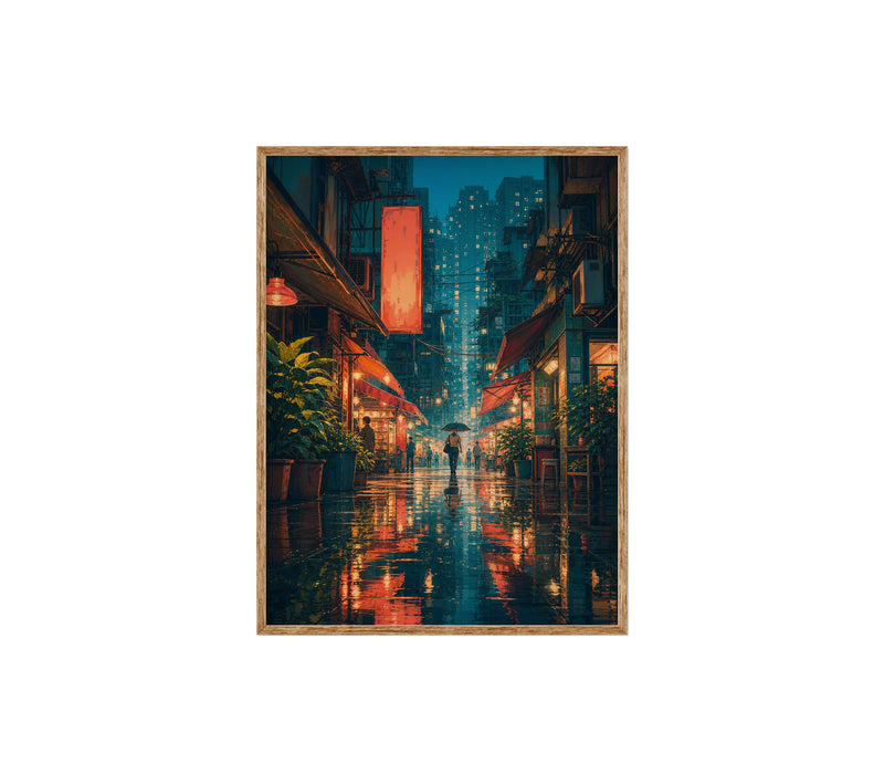 Hong Kong Rainlit Alley Glow Wall Art Print