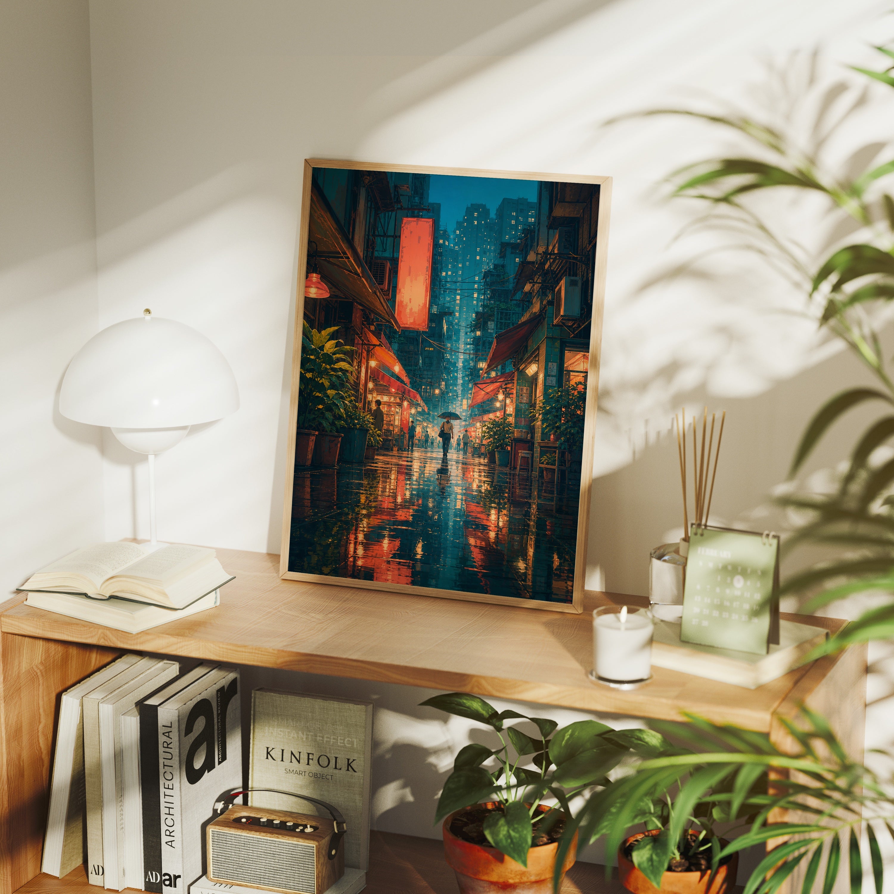 Hong Kong Rainlit Alley Glow poster framed room mockup by Seji Art