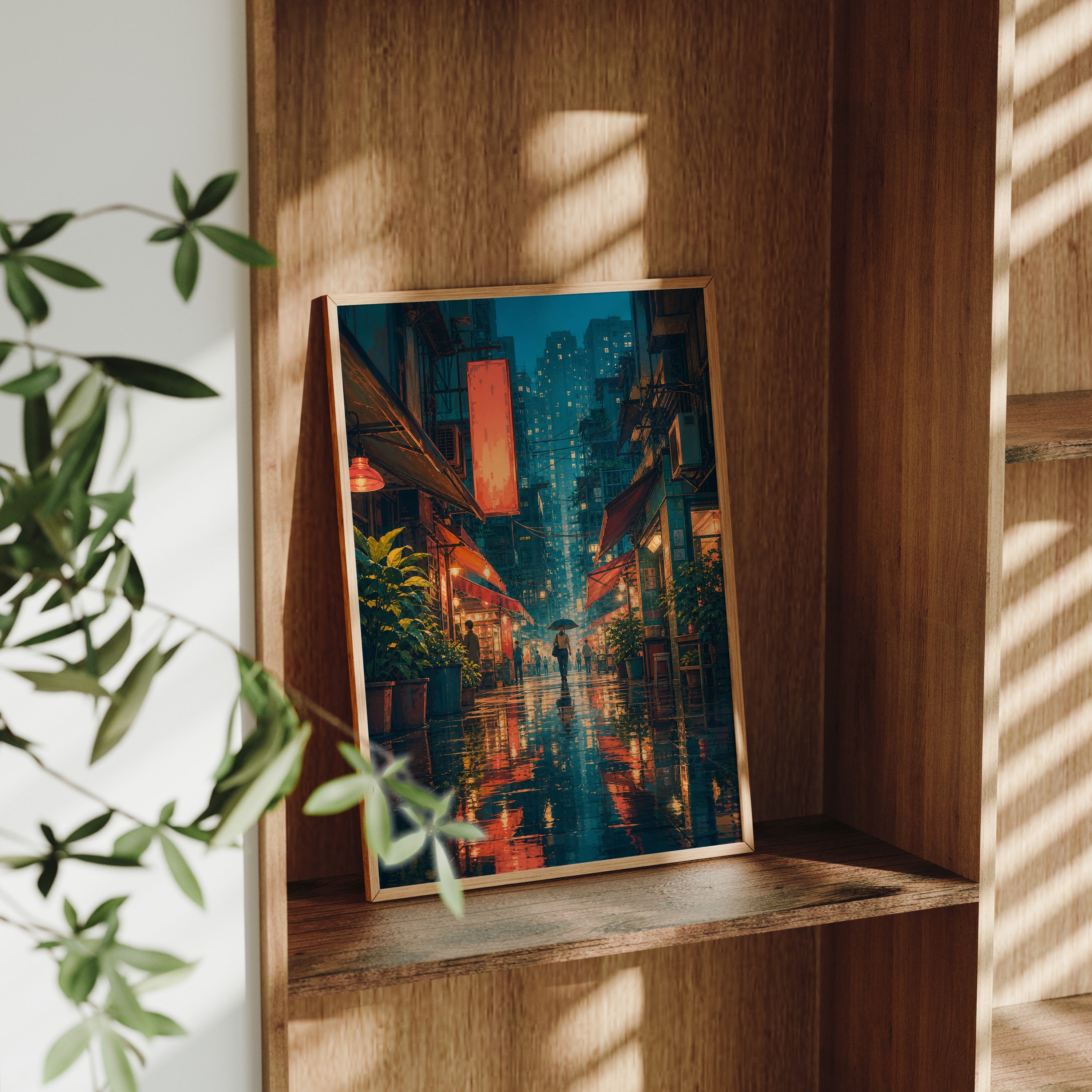Hong Kong Rainlit Alley Glow poster gallery shelf mockup by Seji Art