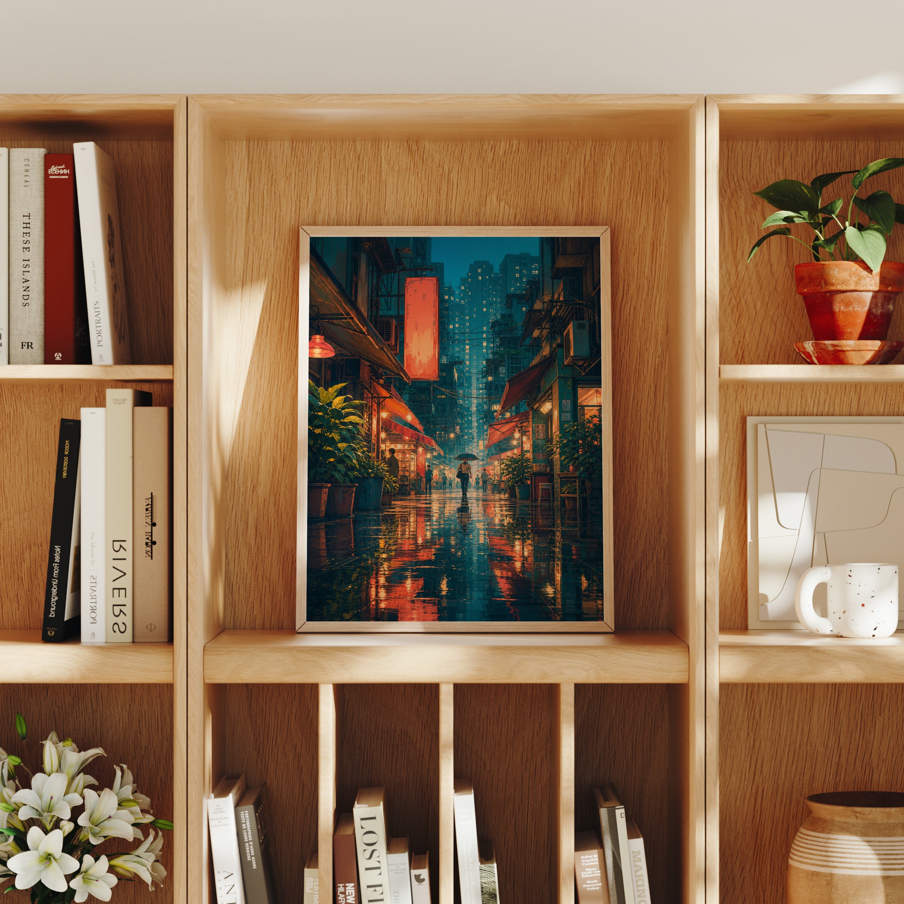 Hong Kong Rainlit Alley Glow poster home decor mockup by Seji Art