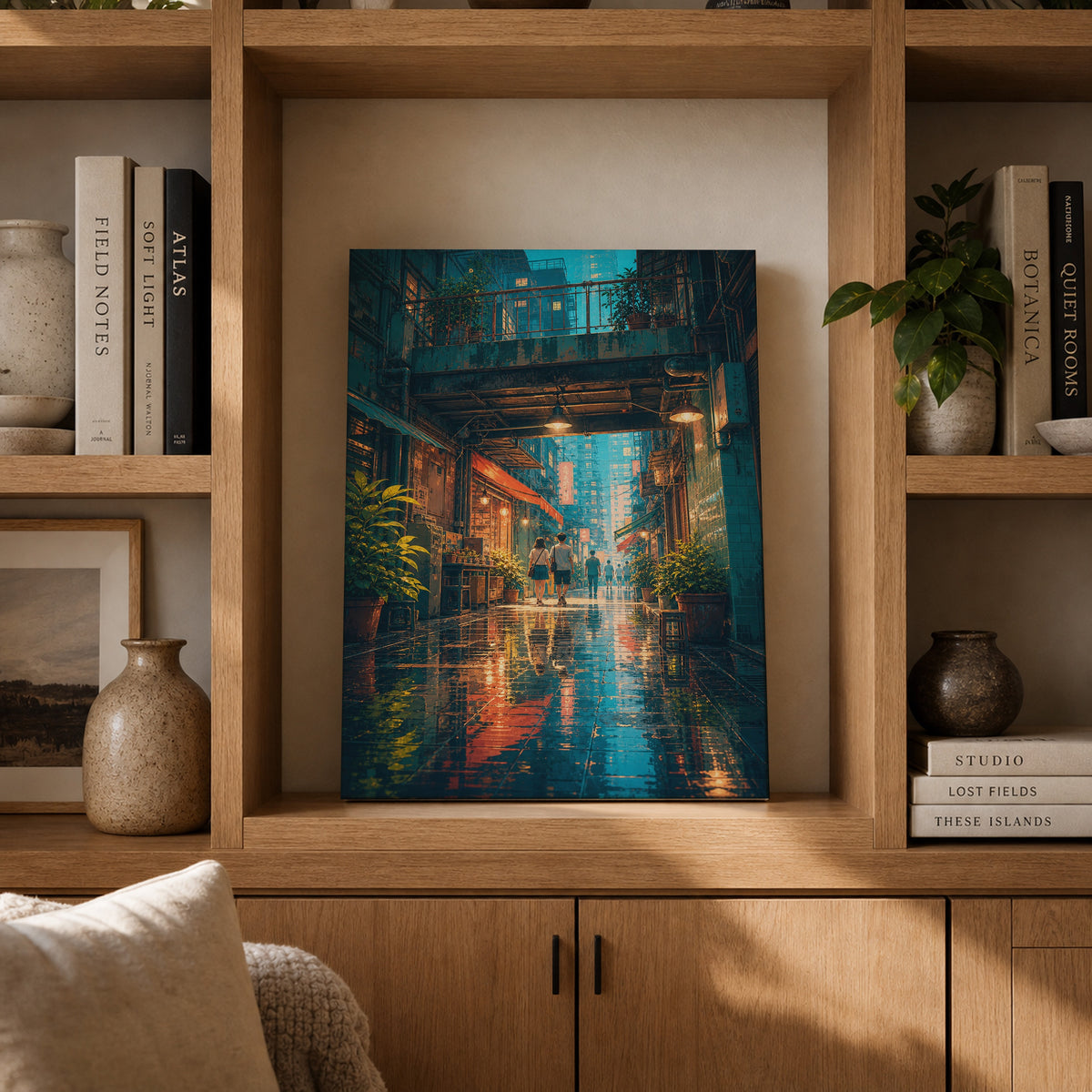 Hong Kong Rainy Arcade Alley canvas gallery shelf mockup by Seji Art