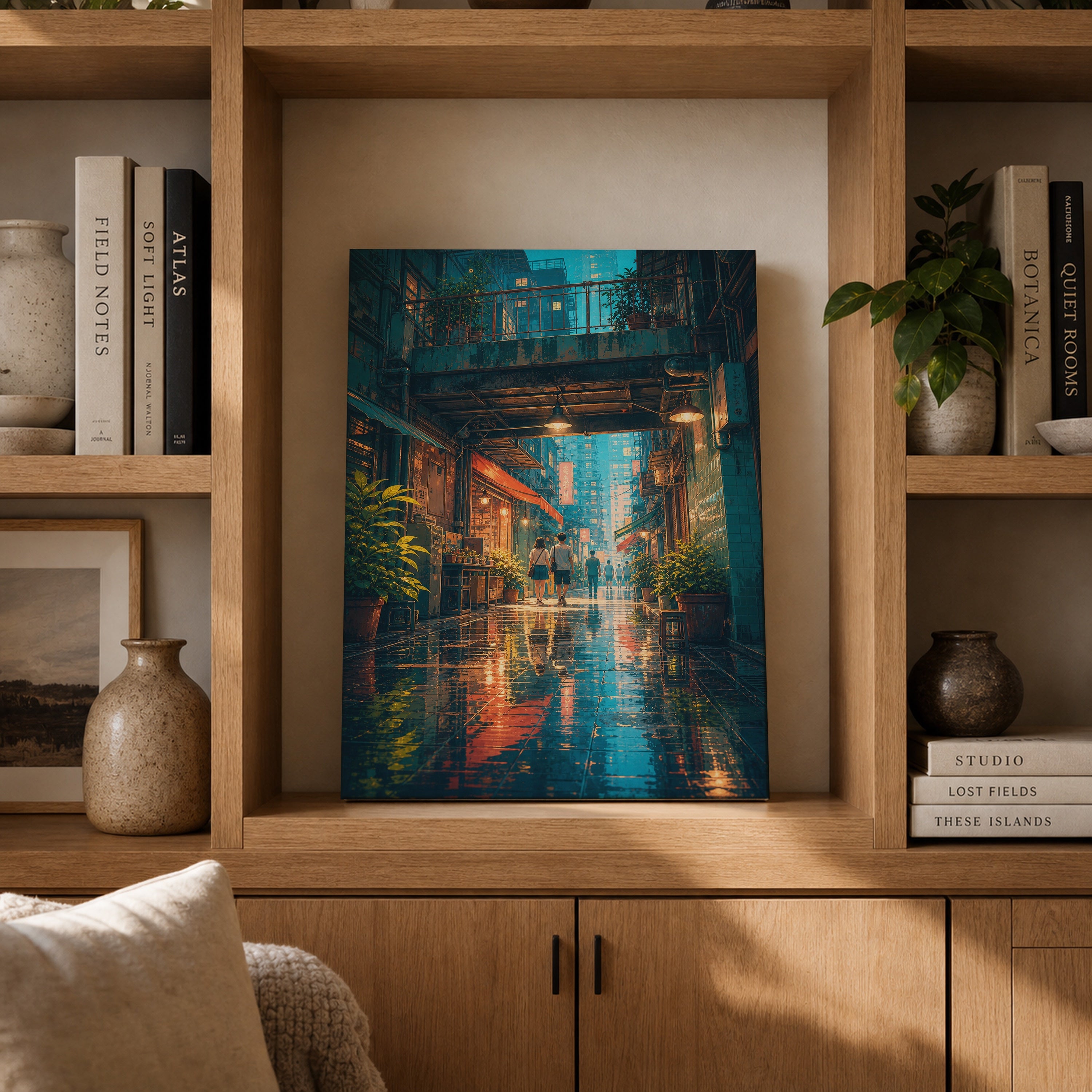 Hong Kong Rainy Arcade Alley canvas gallery shelf mockup by Seji Art