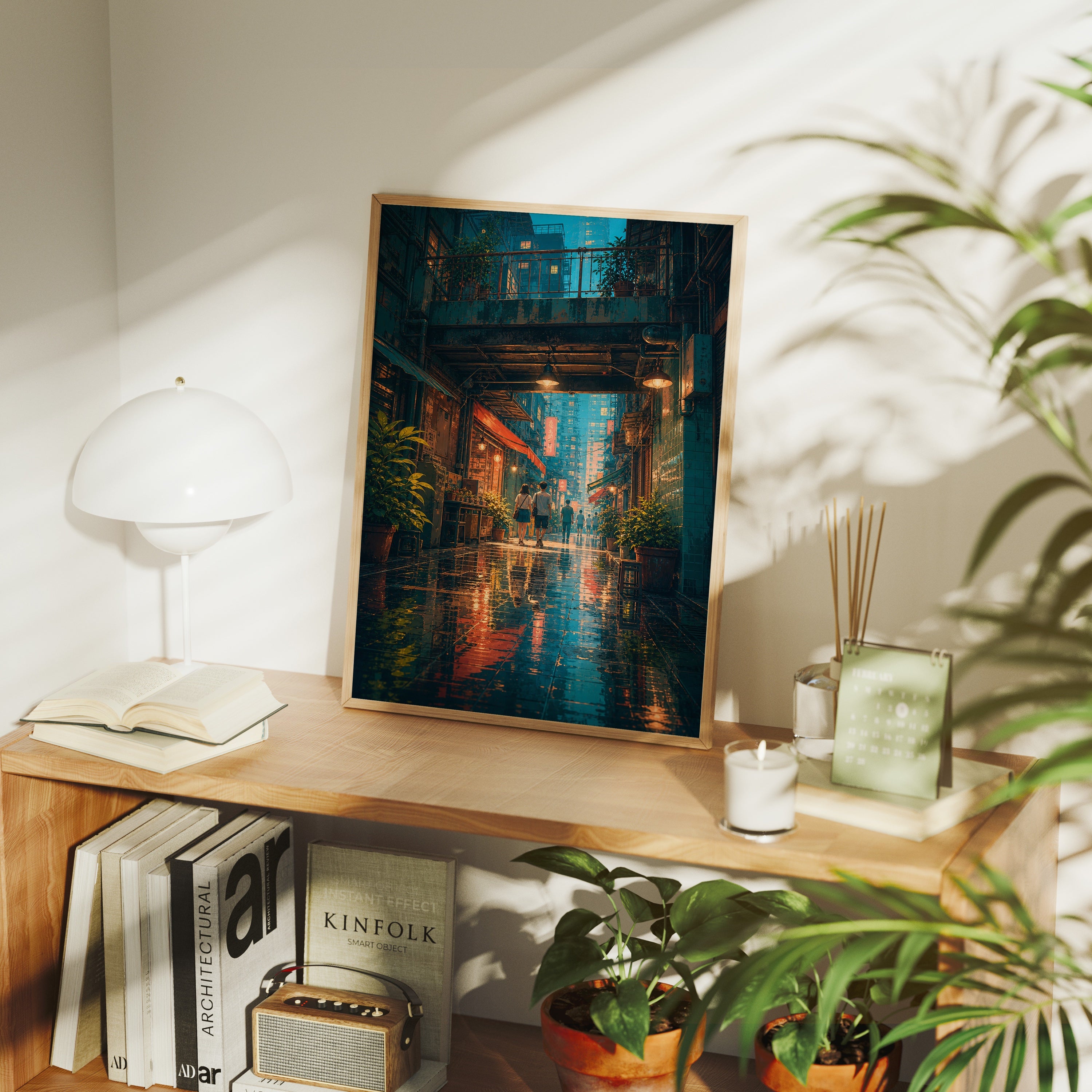Hong Kong Rainy Arcade Alley poster framed room mockup by Seji Art