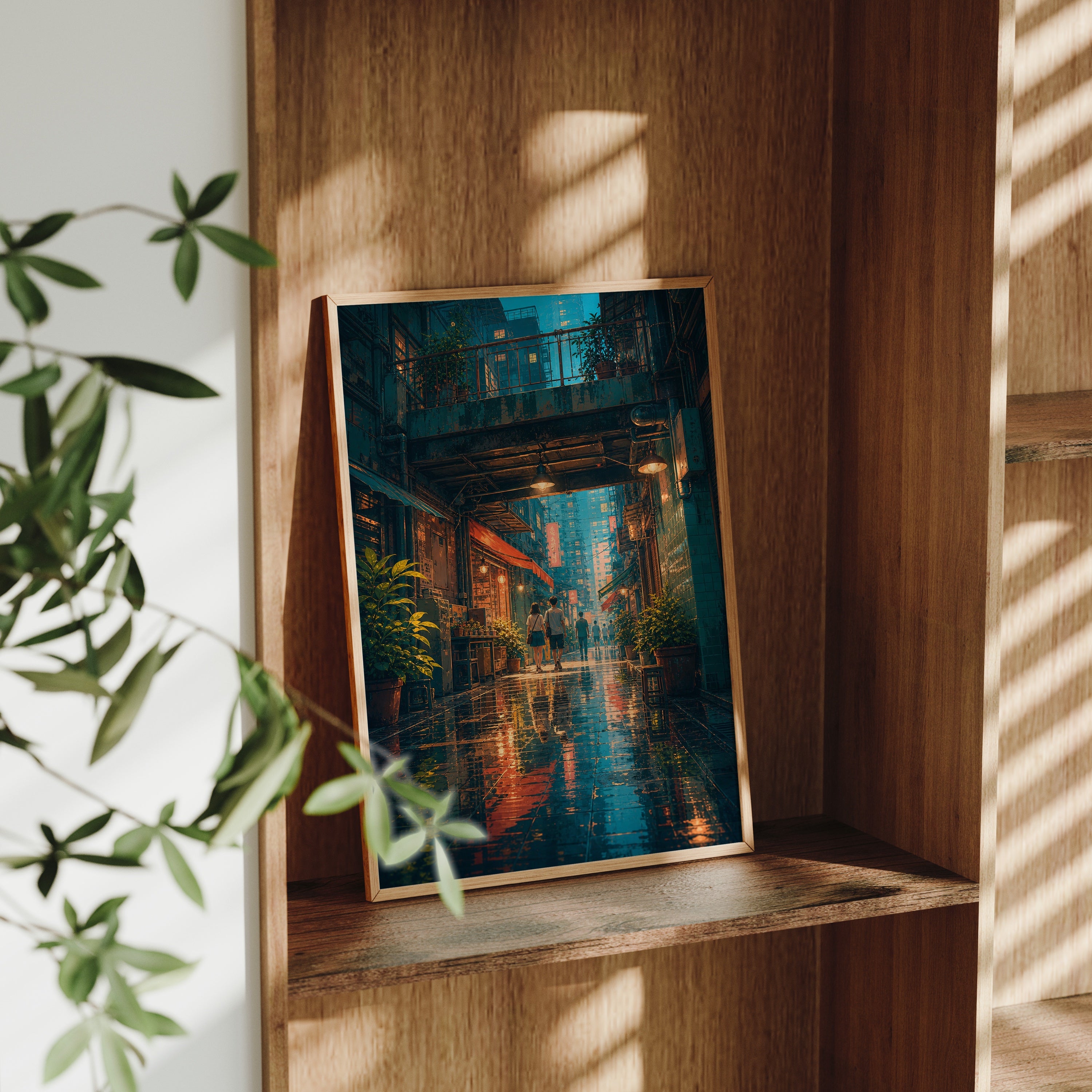 Hong Kong Rainy Arcade Alley poster gallery shelf mockup by Seji Art