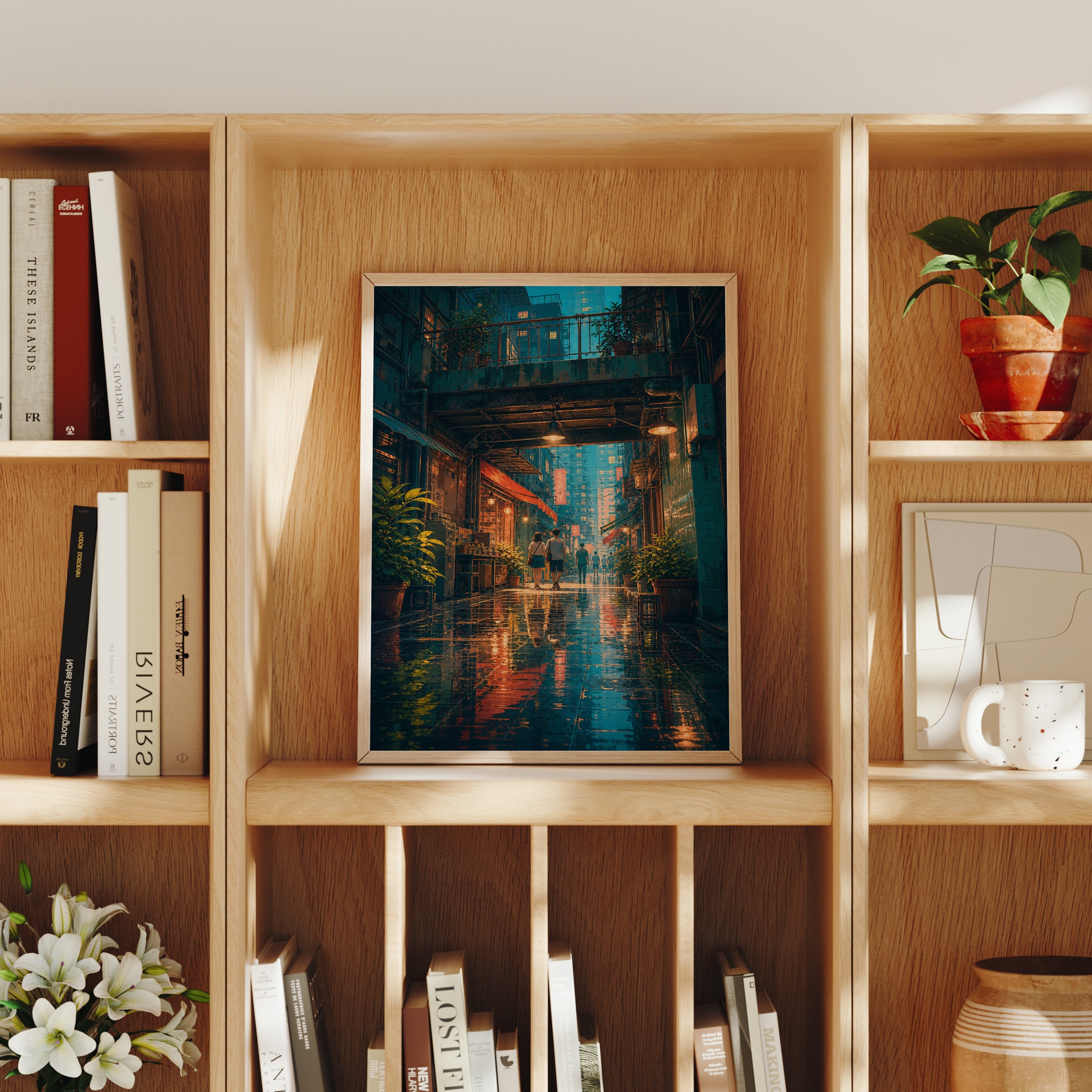Hong Kong Rainy Arcade Alley poster home decor mockup by Seji Art