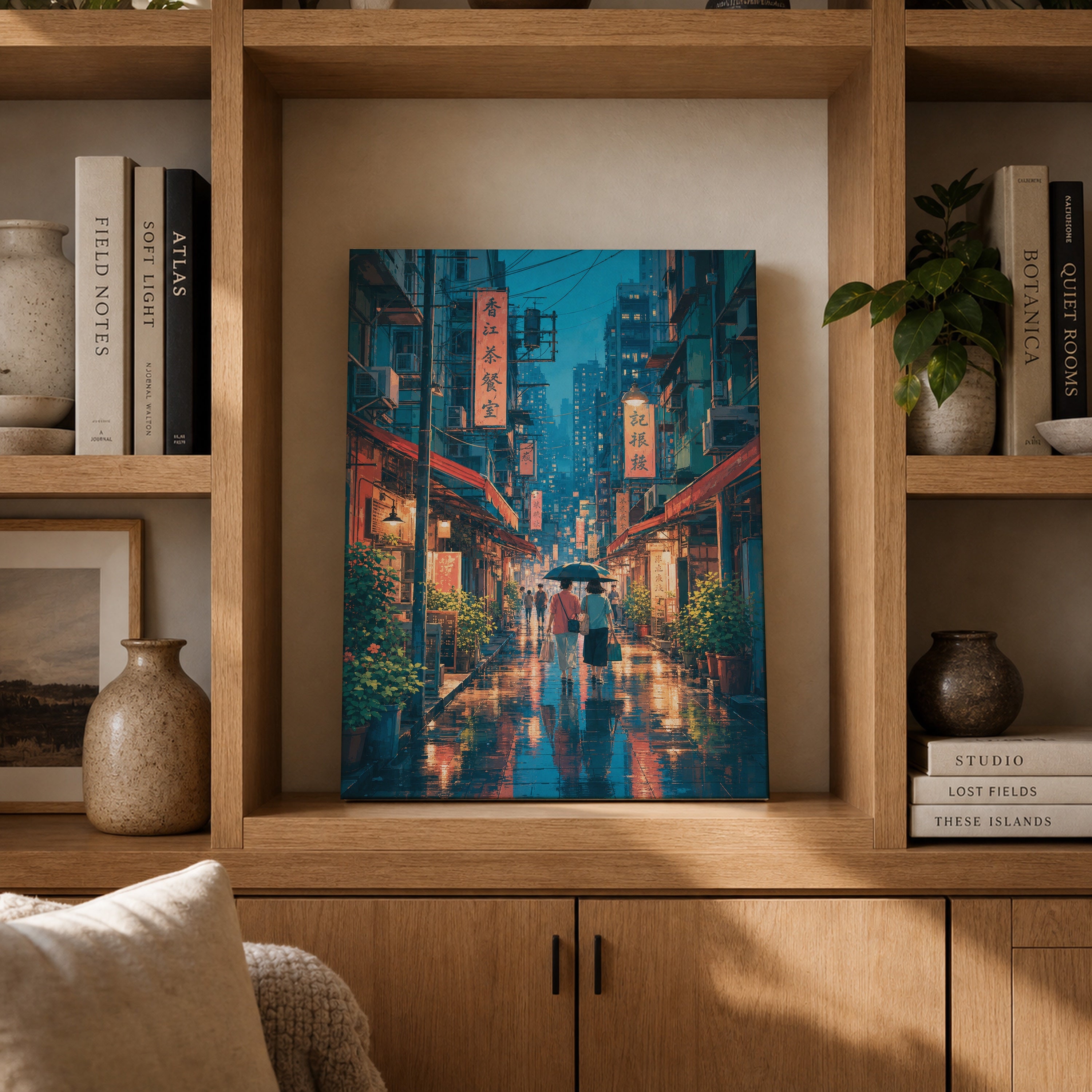 Hong Kong Rainy Lantern Lane canvas gallery shelf mockup by Seji Art