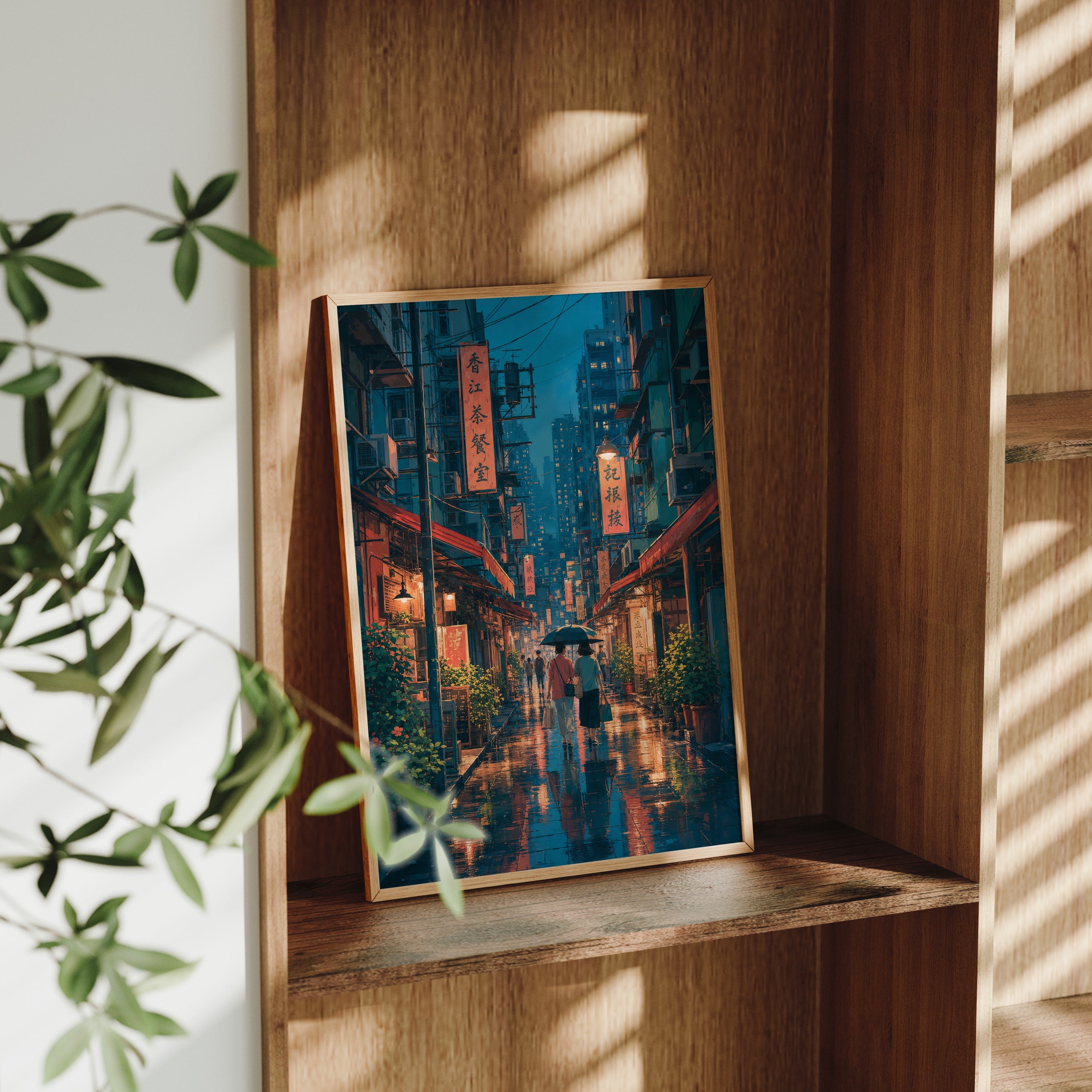 Hong Kong Rainy Lantern Lane poster gallery shelf mockup by Seji Art