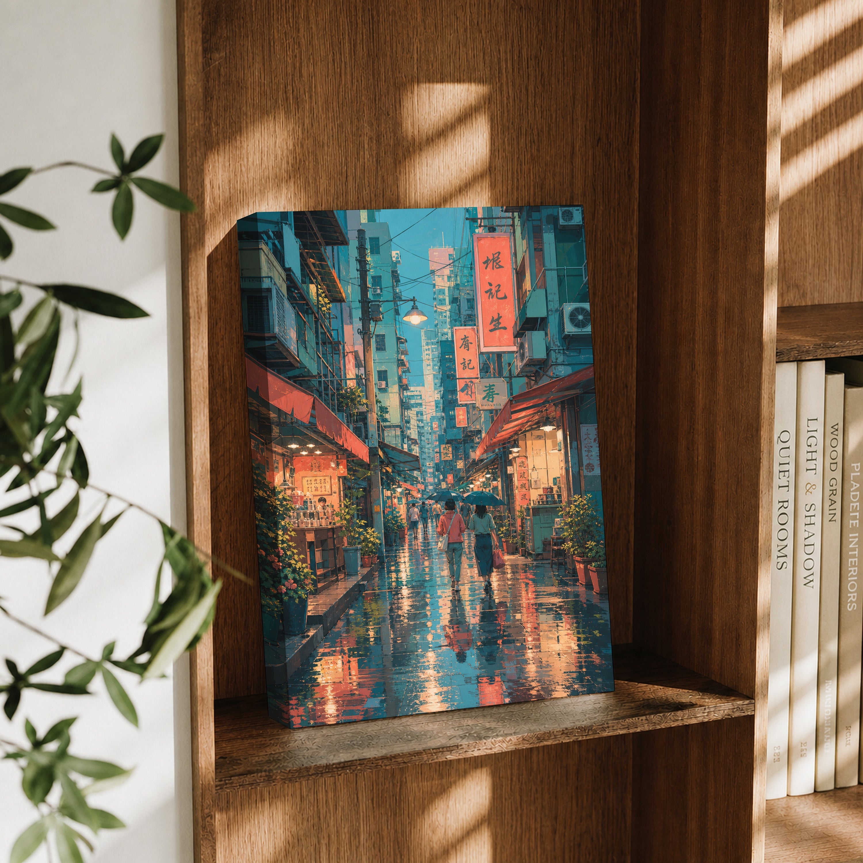 Hong Kong Rainy Market Alley Night canvas wall art decor mockup by Seji Art