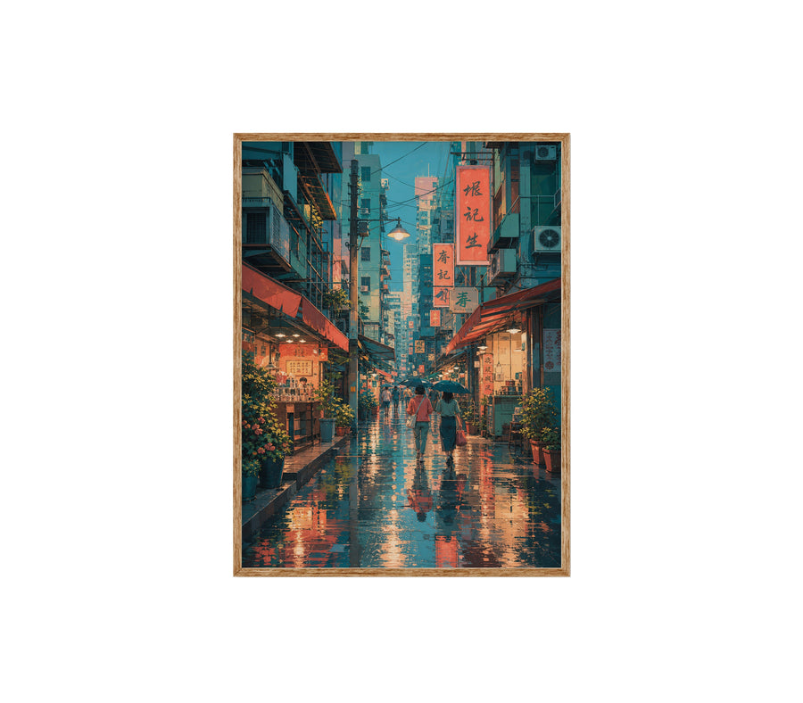 Hong Kong Rainy Market Alley Night poster print preview by Seji Art
