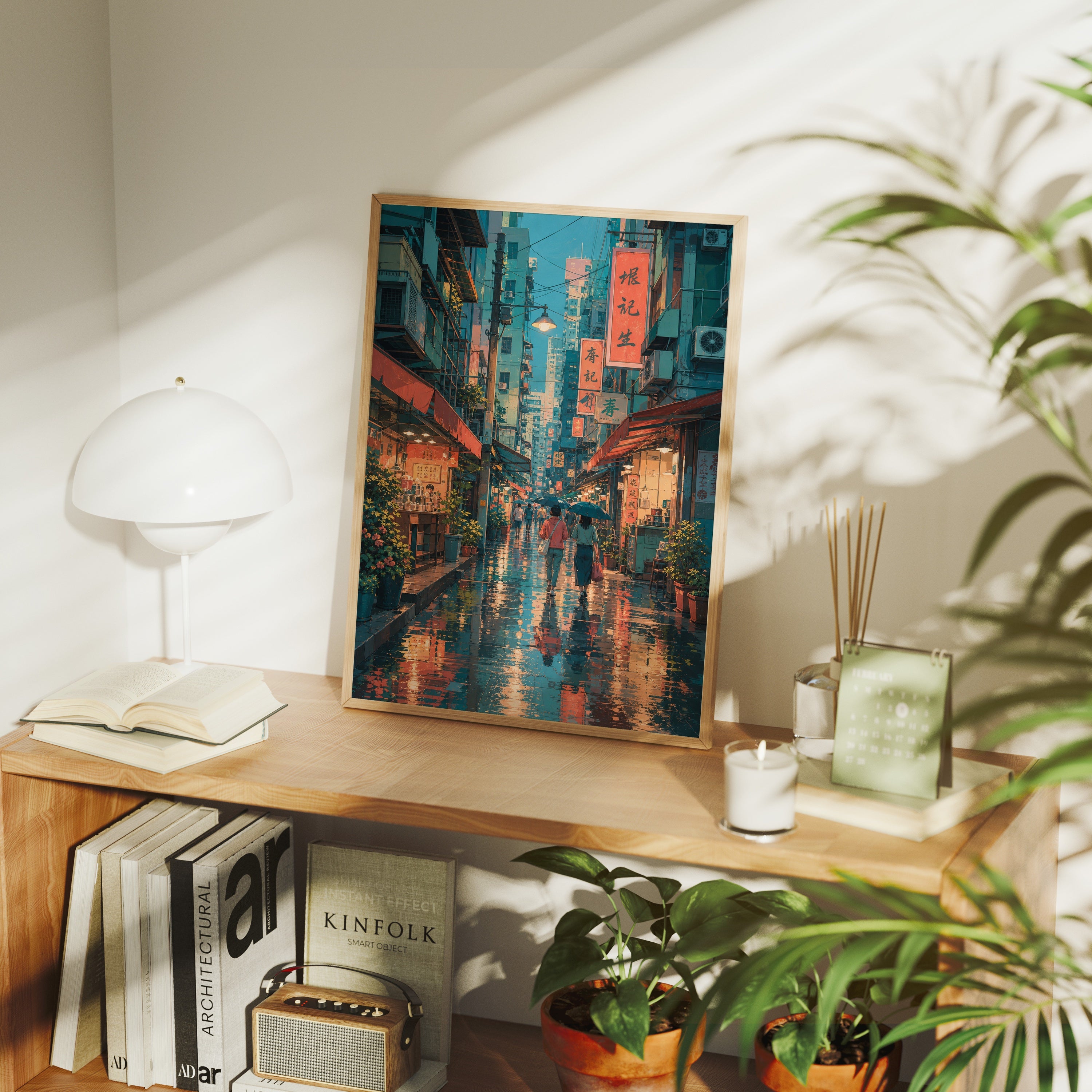Hong Kong Rainy Market Alley Night poster framed room mockup by Seji Art