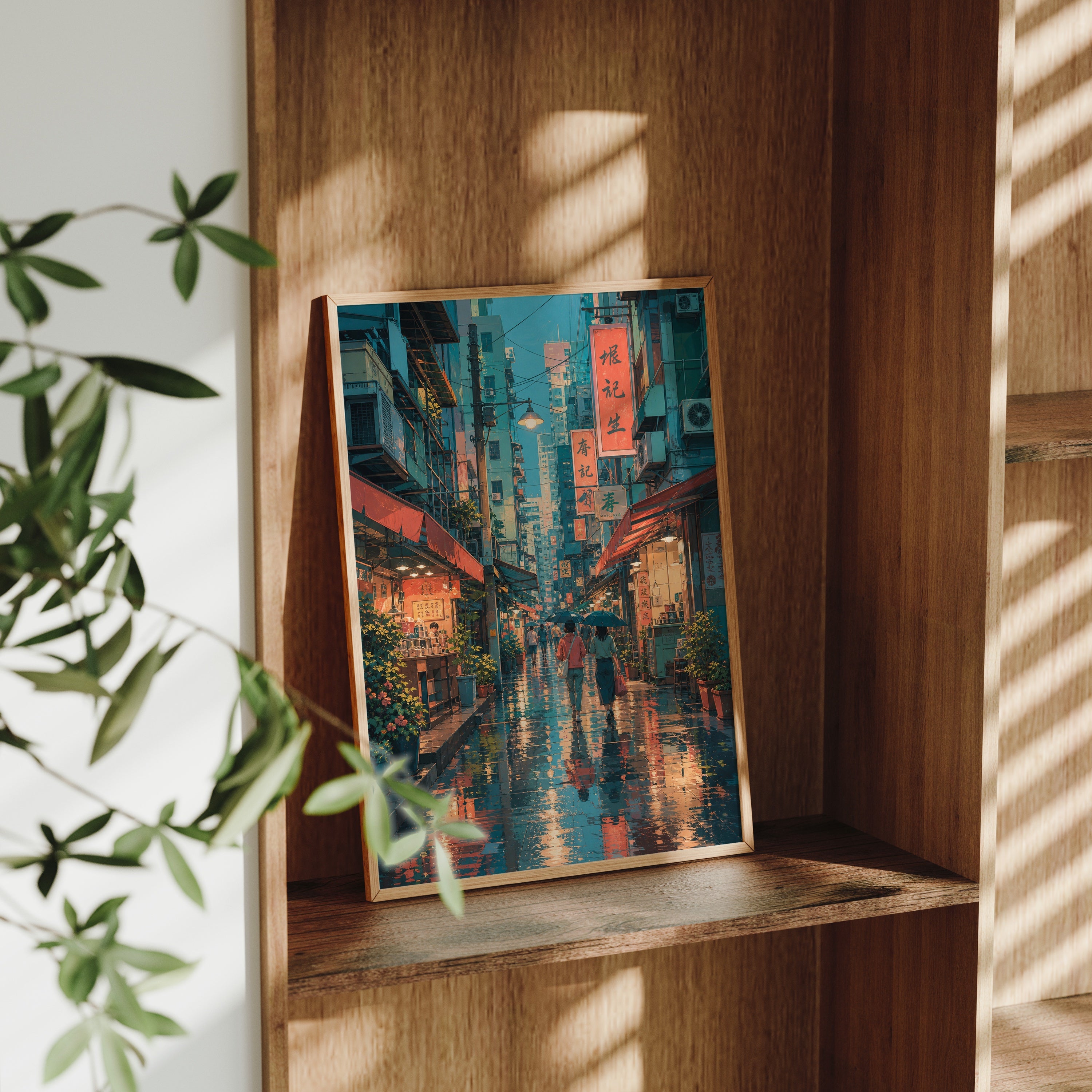 Hong Kong Rainy Market Alley Night poster gallery shelf mockup by Seji Art