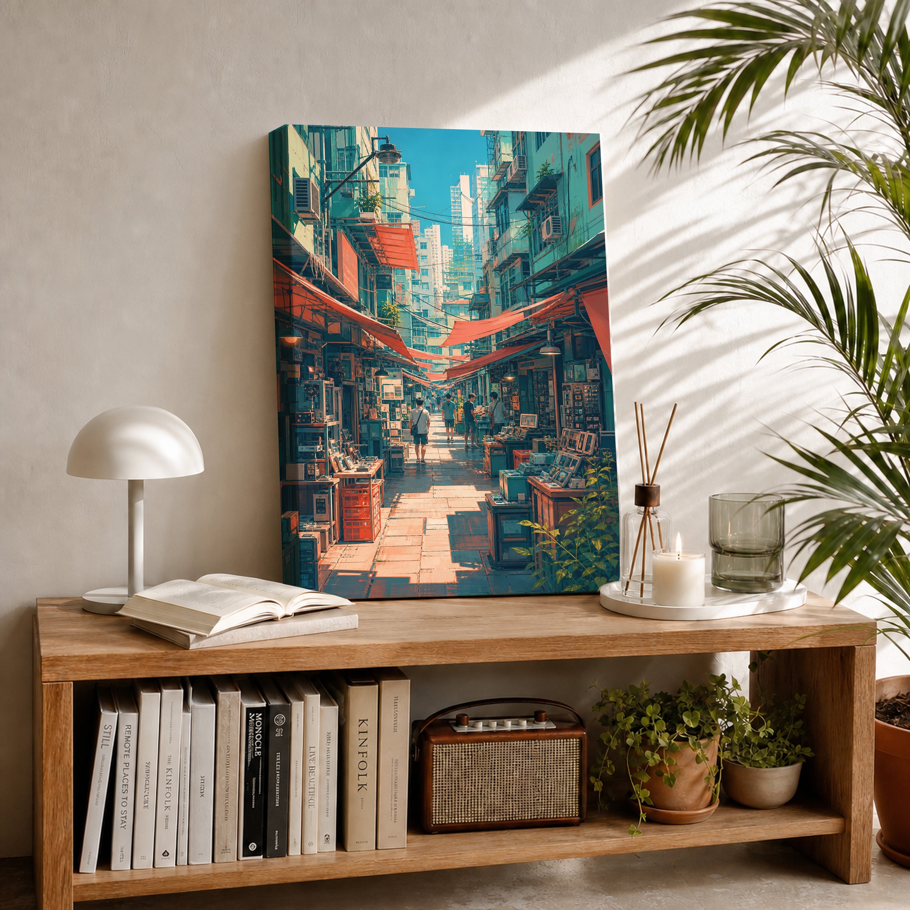 Hong Kong Red Awning Market Lane canvas room mockup by Seji Art
