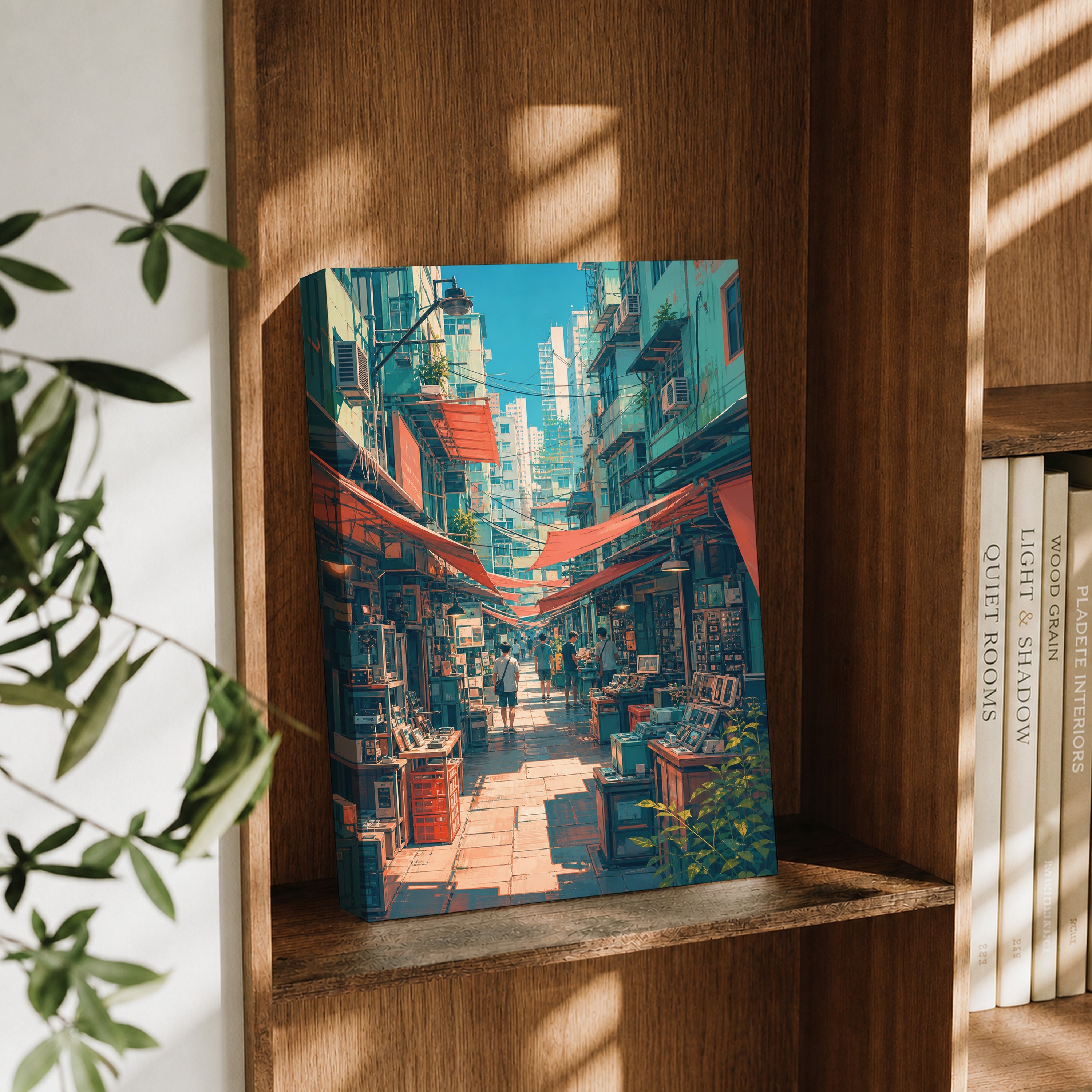 Hong Kong Red Awning Market Lane canvas wall art decor mockup by Seji Art