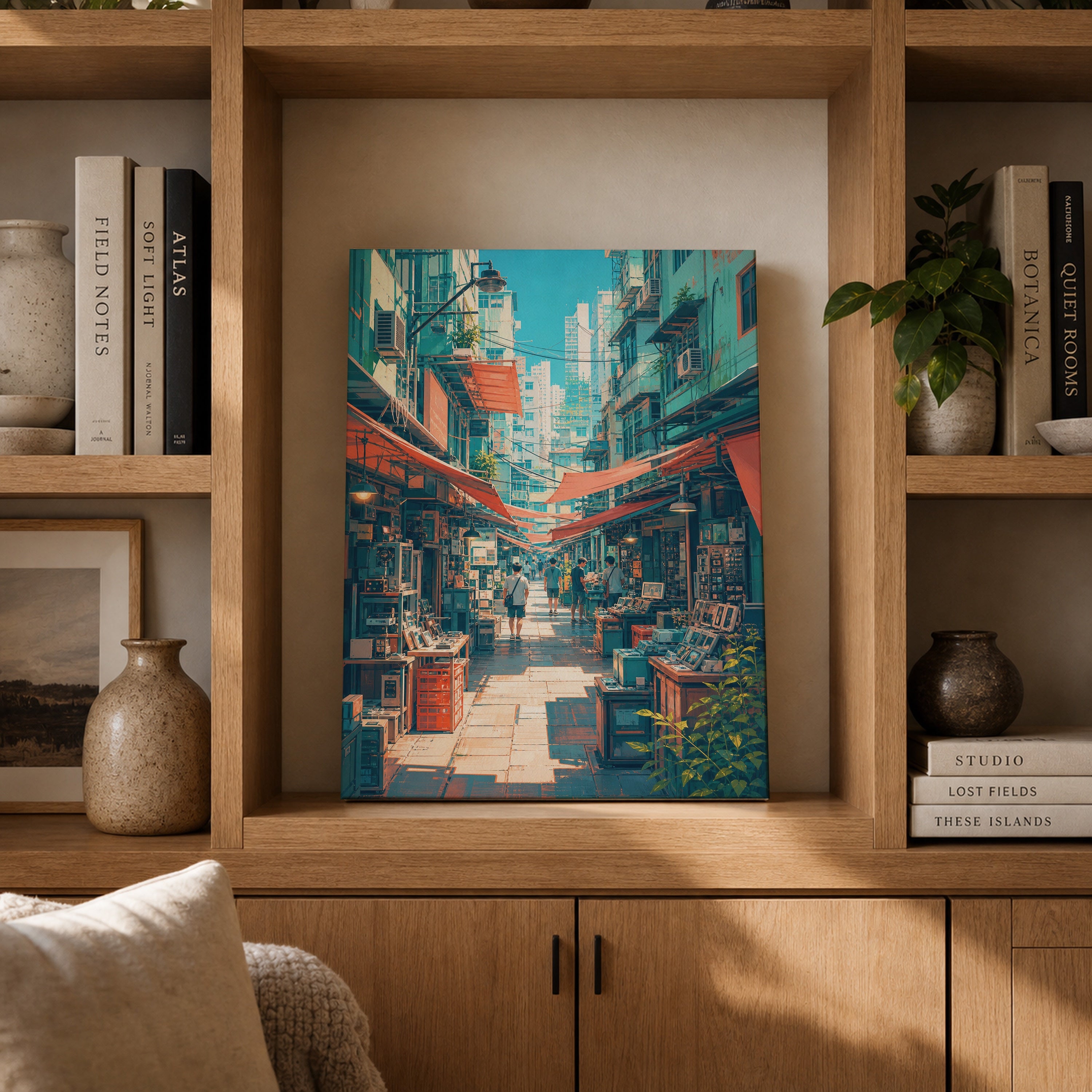 Hong Kong Red Awning Market Lane canvas gallery shelf mockup by Seji Art