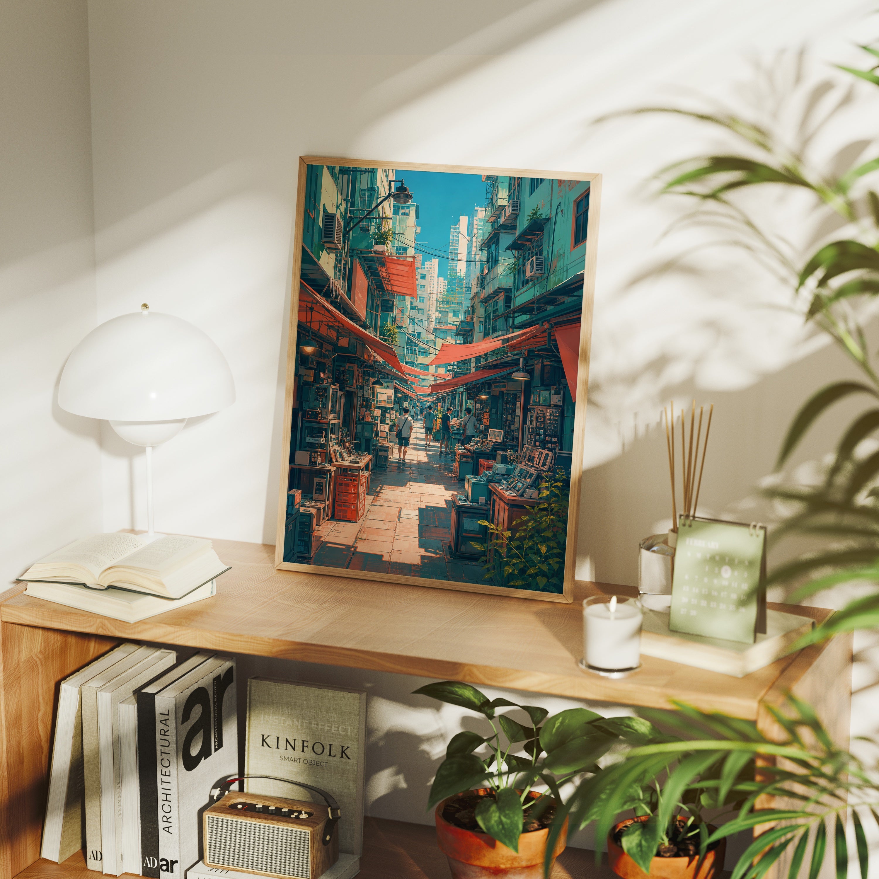 Hong Kong Red Awning Market Lane poster framed room mockup by Seji Art